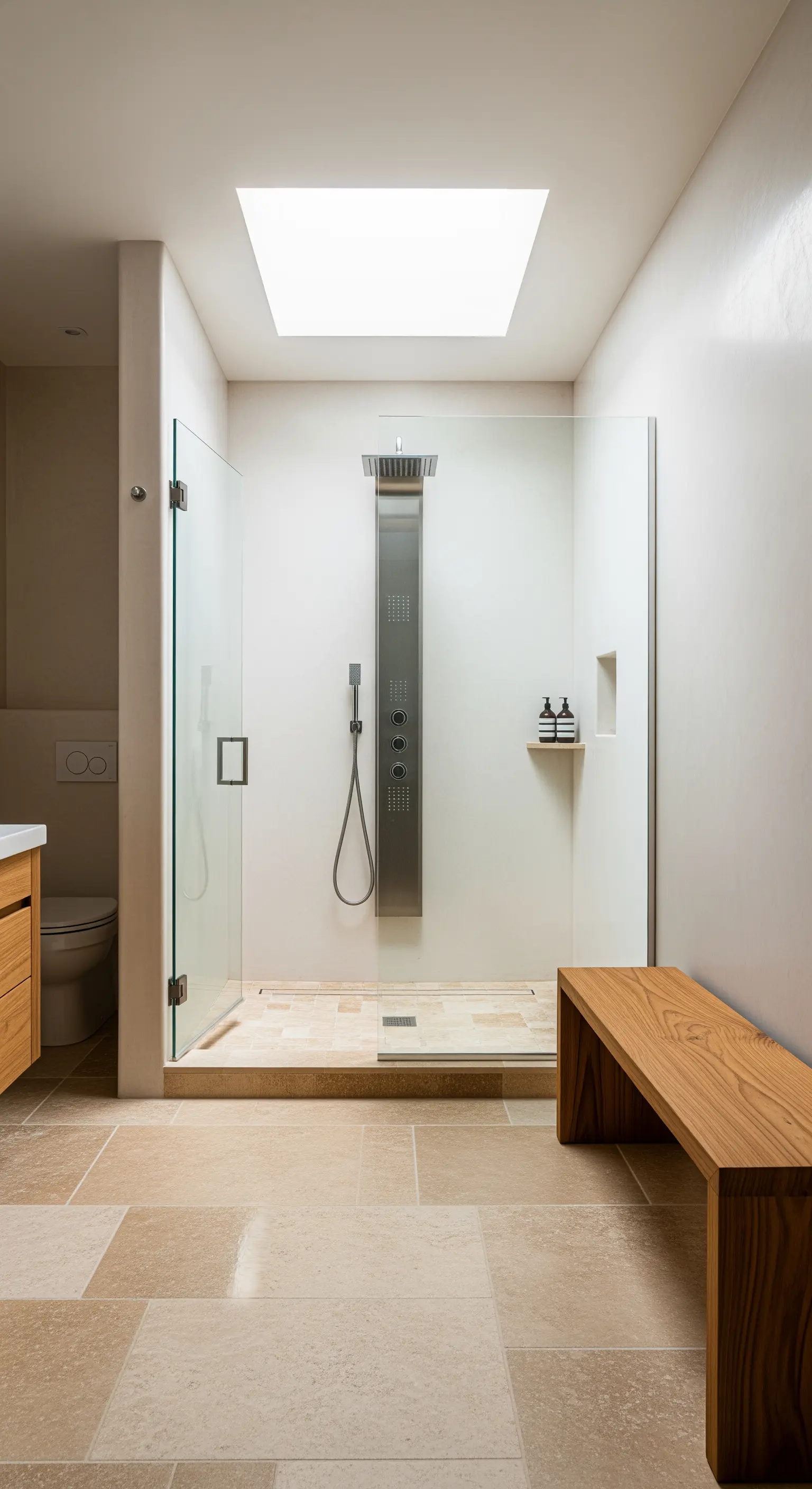 Doccia walk-in con pavimento in travertino, panca in legno e lucernario.