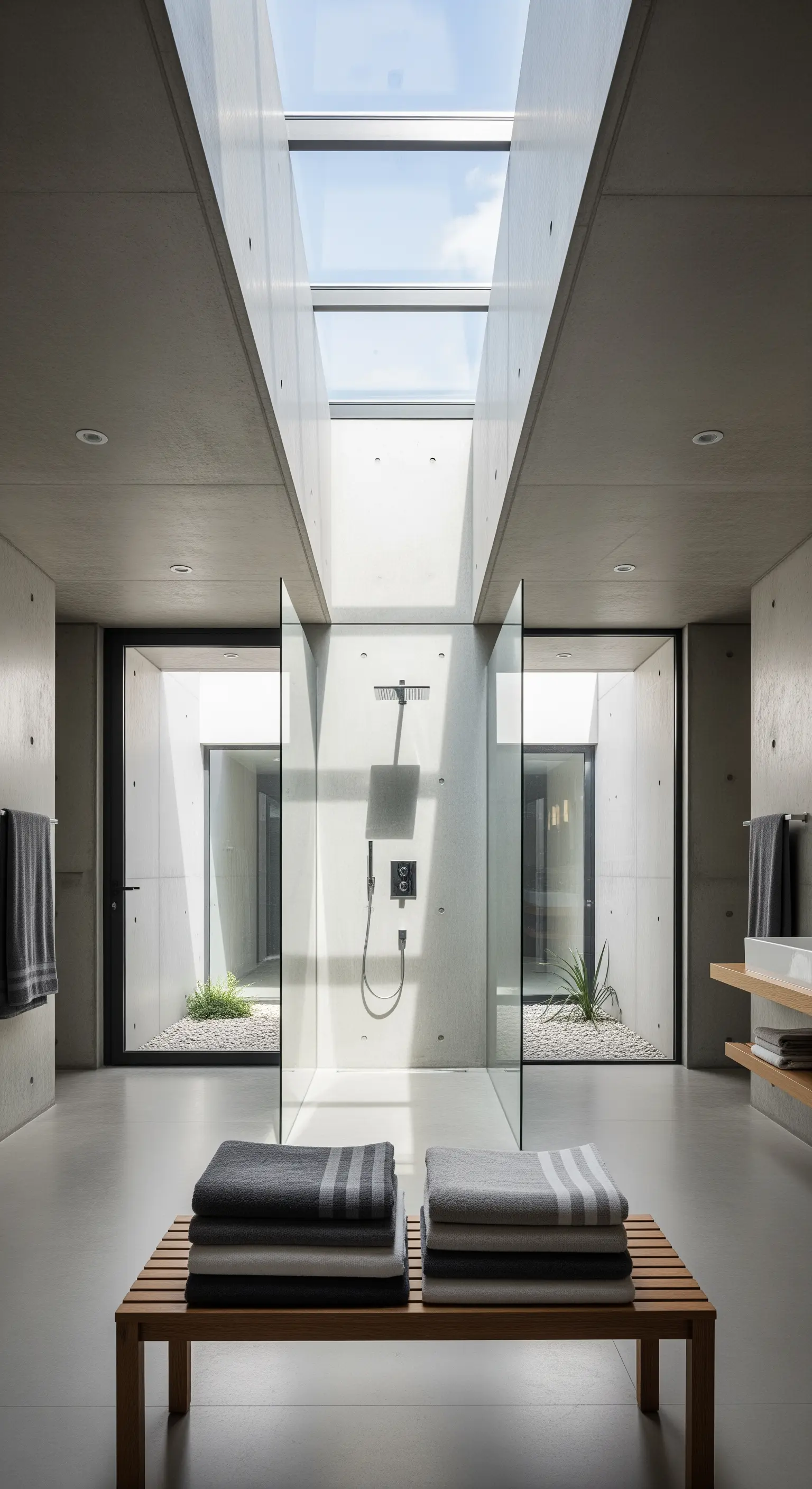 Bagno moderno in cemento con lucernario sopra la doccia e vista su un cortile interno.