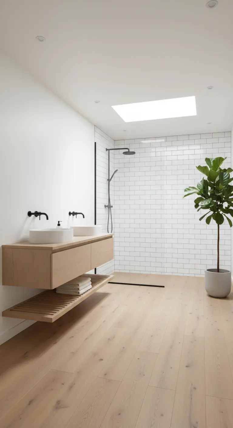 Bagno minimalista con doppio lavabo sospeso, doccia con piastrelle bianche e lucernario.