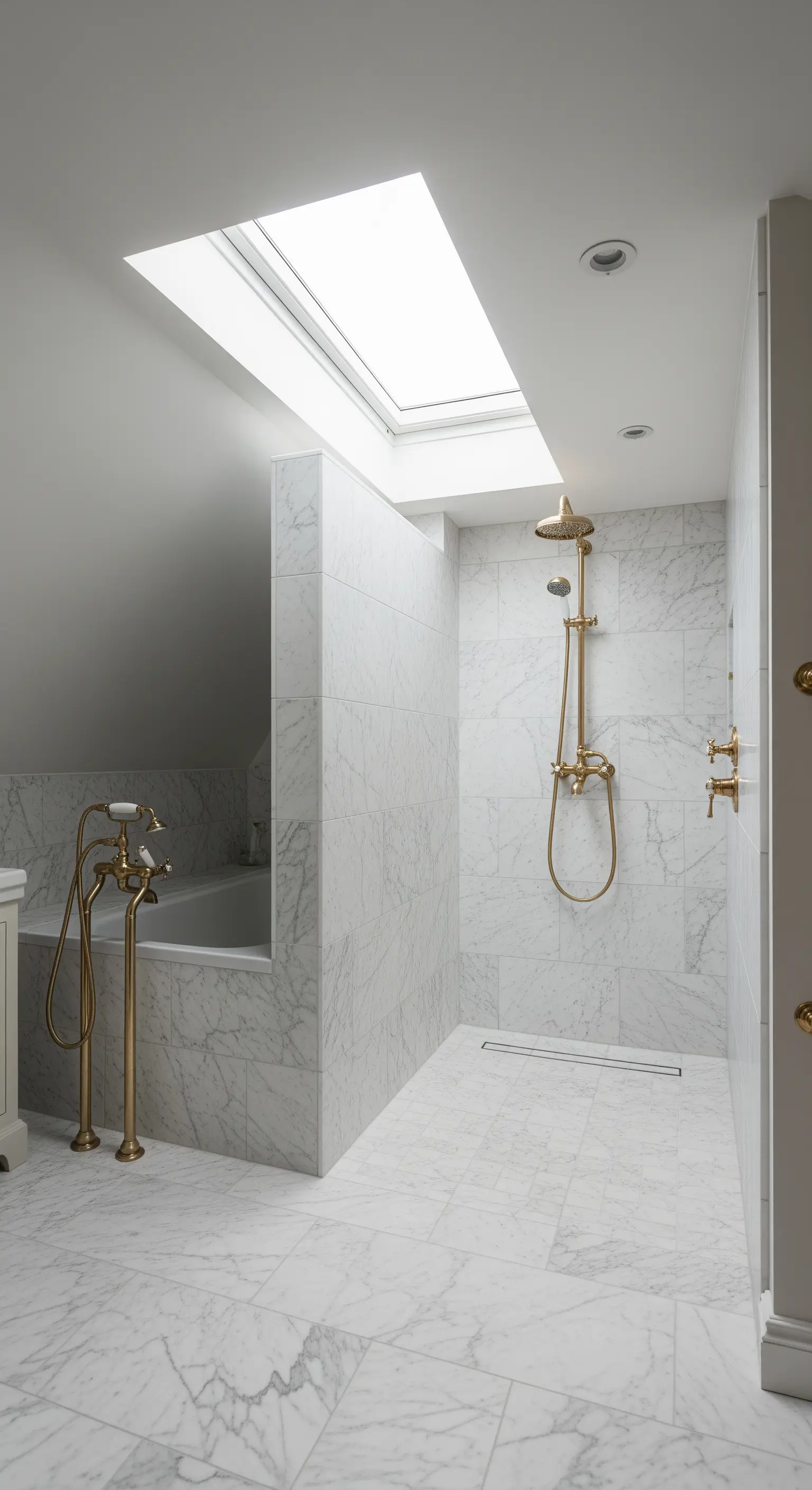 Bagno in marmo bianco con doccia e vasca illuminate da un grande lucernario sul soffitto.