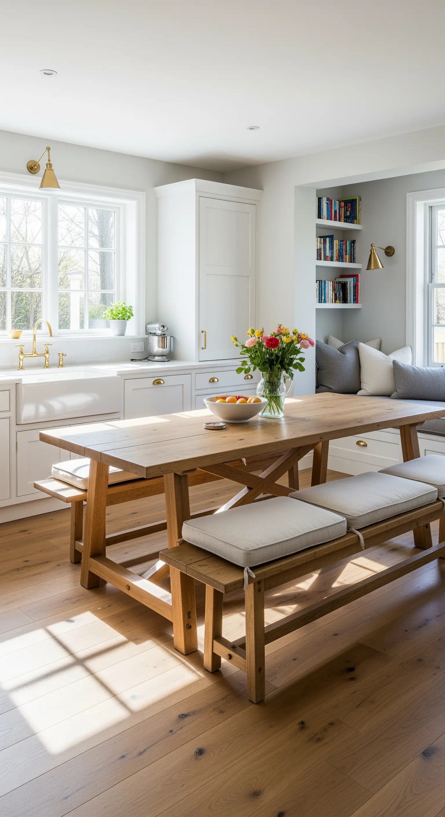 Cucina luminosa con tavolo in rovere, panche con cuscini e angolo lettura a muro.