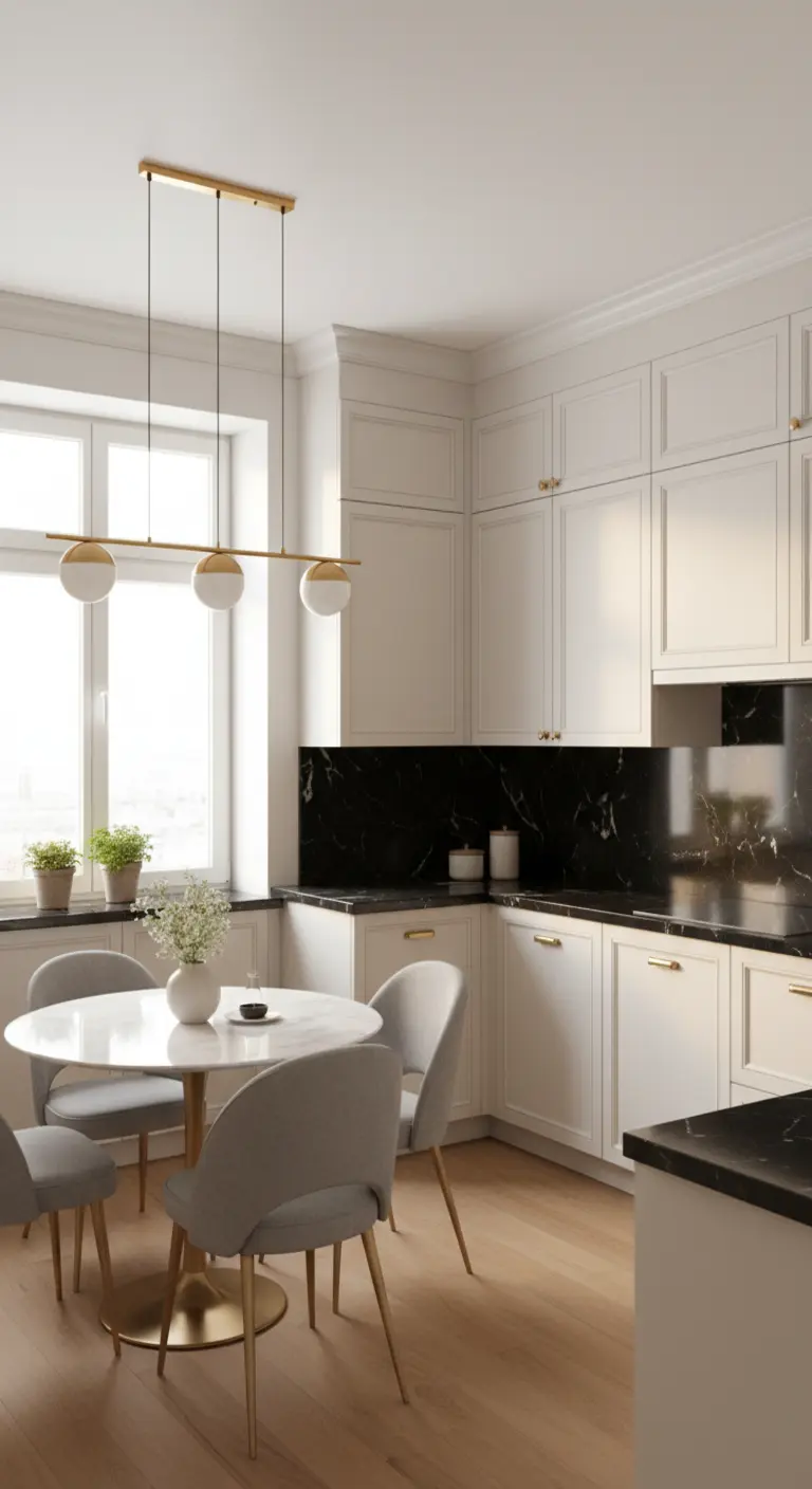 Cucina bianca con piano di lavoro e paraschizzi in marmo nero, tavolo rotondo e lampadario lineare.