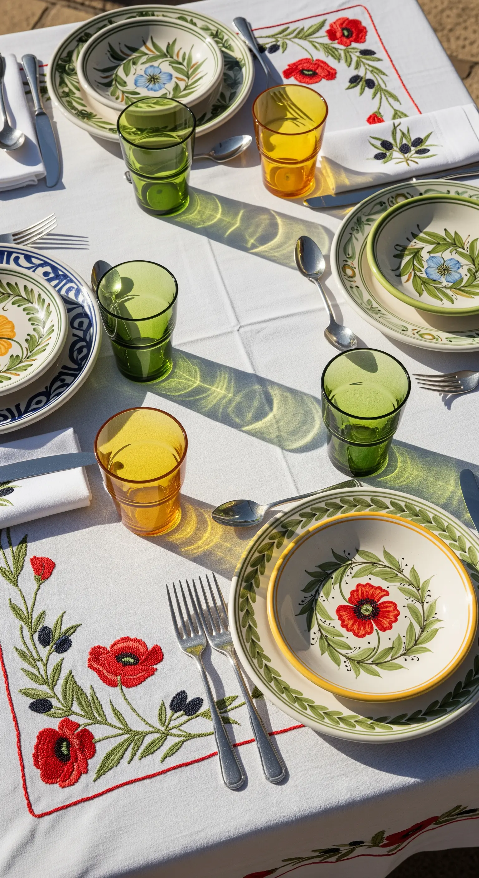 Tavola all'aperto con tovaglia bianca ricamata a papaveri, piatti in ceramica e bicchieri verdi.