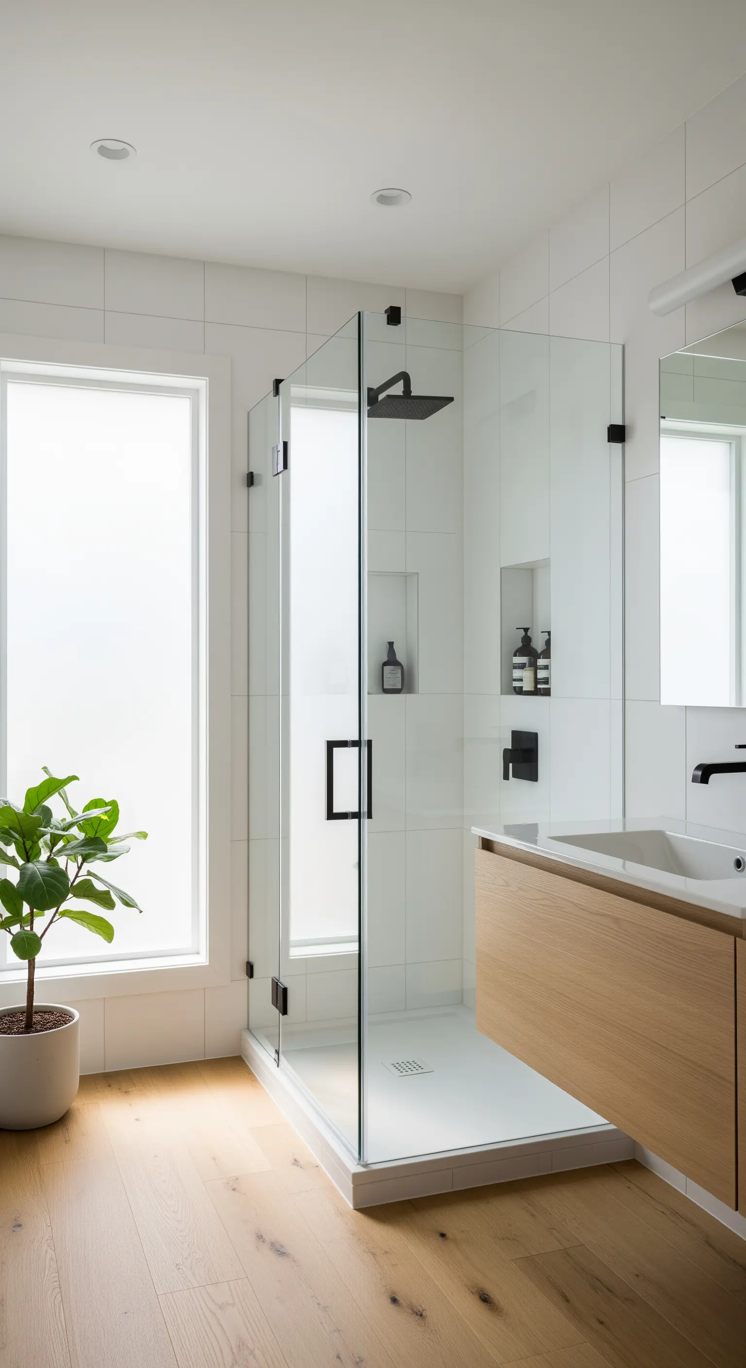 Bagno luminoso con doccia in vetro, mobile in legno chiaro e pianta verde.