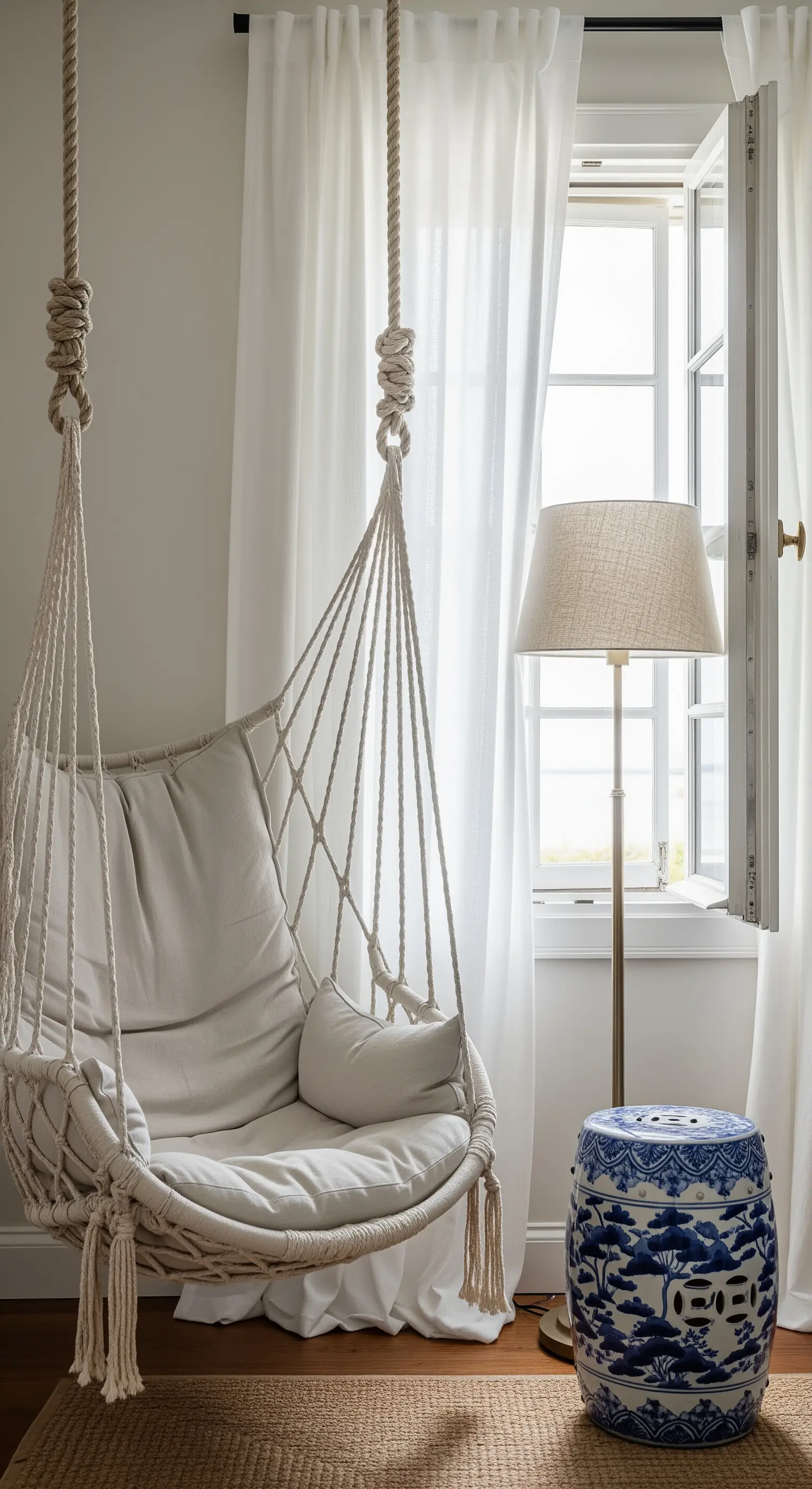 Amaca sospesa in macramè bianco accanto a una finestra con tende leggere.