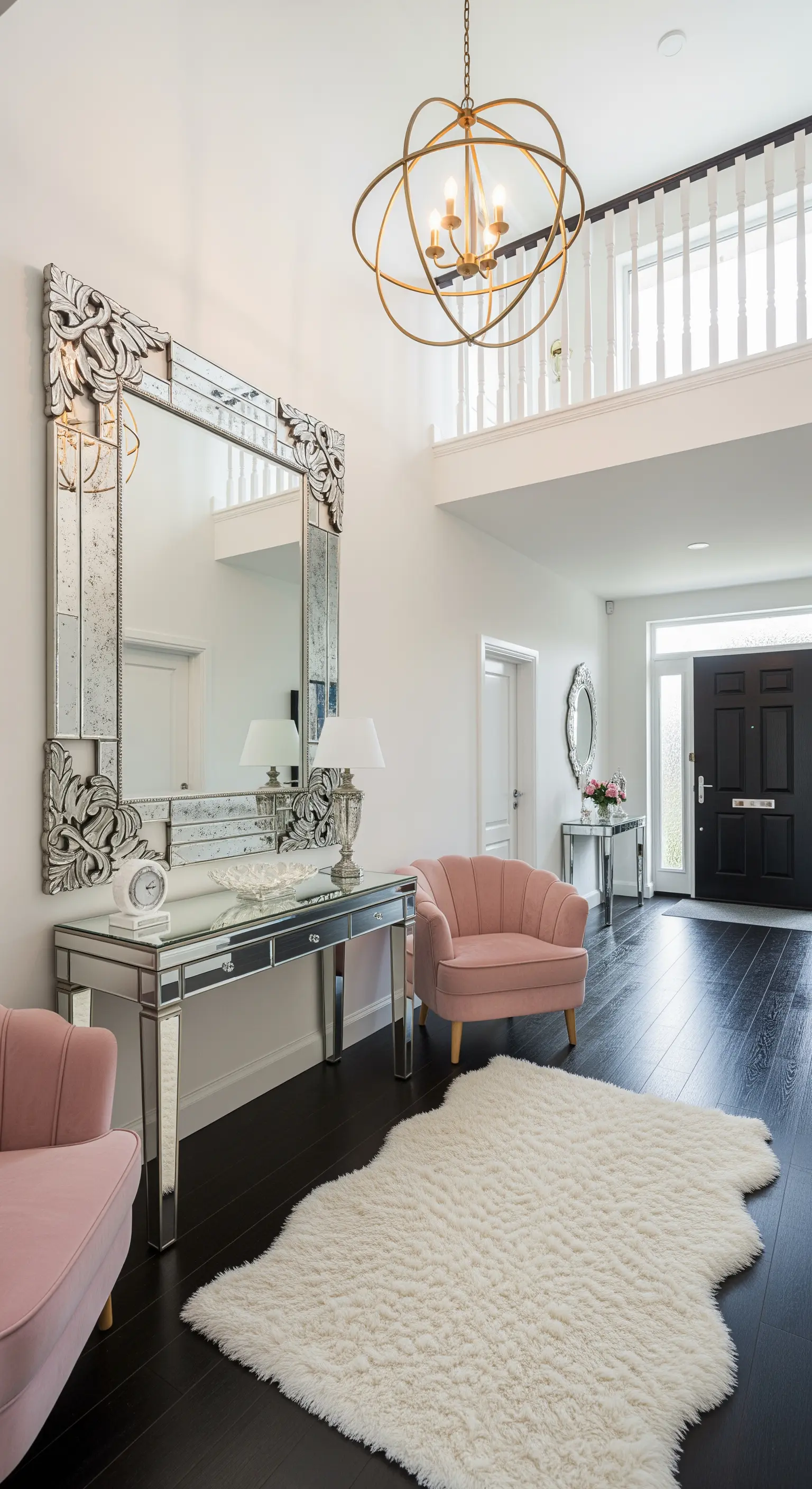 Ingresso a doppia altezza con specchio e consolle specchiati e poltrone in velluto rosa