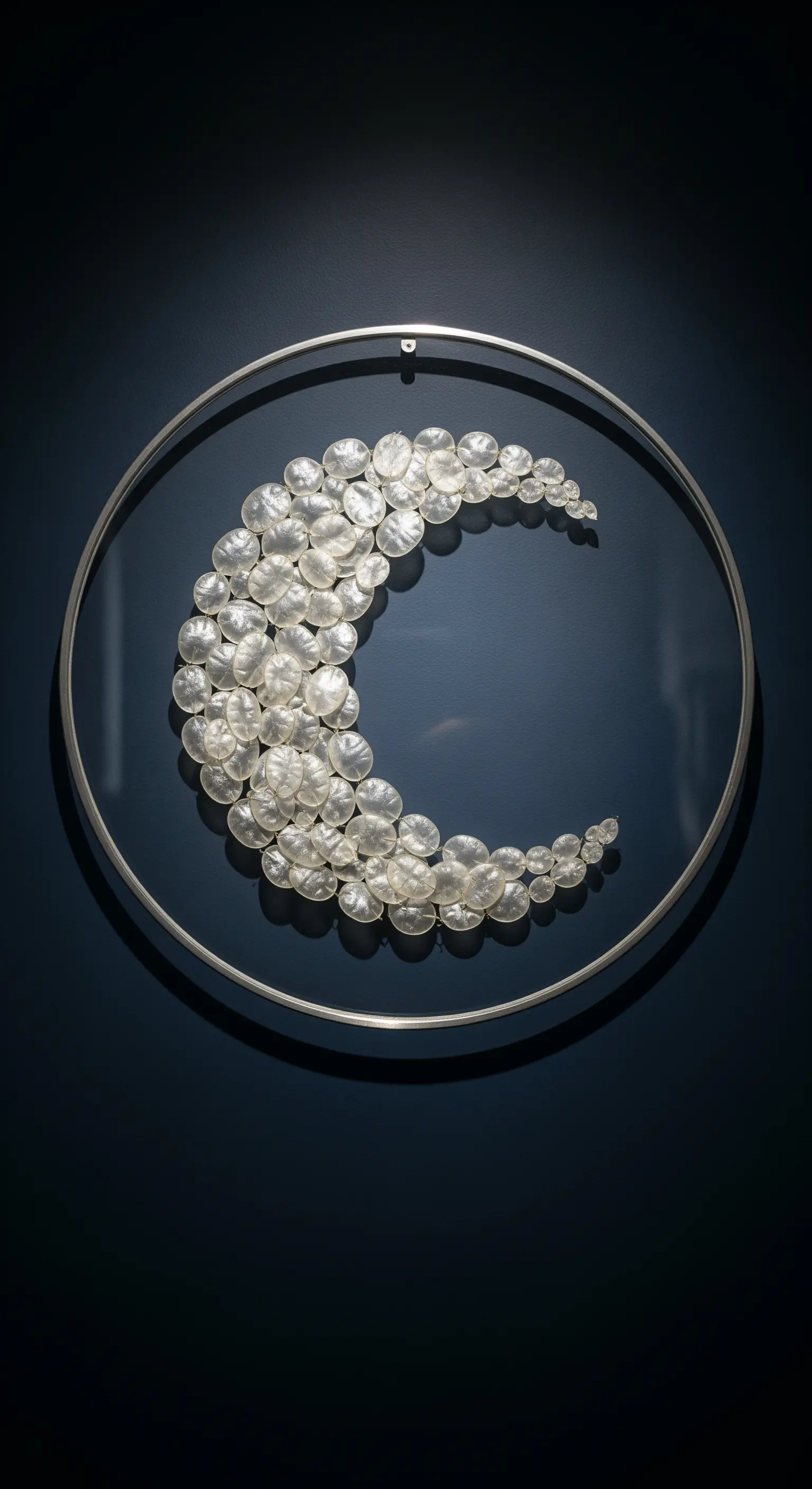 Composizione a forma di luna crescente realizzata con dischi di madreperla cangiante.