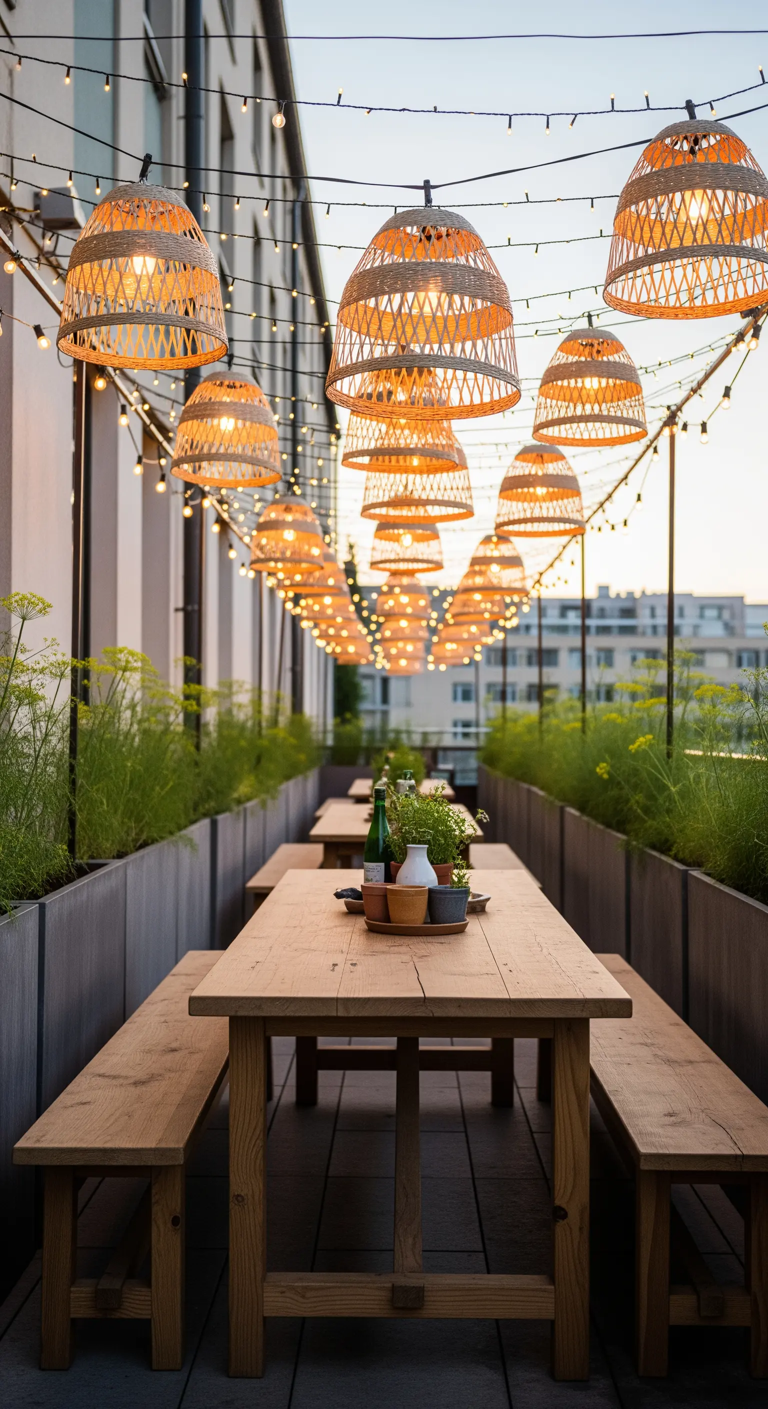 Lunga tavolata con panche su una terrazza urbana, illuminata da lampade in rattan.