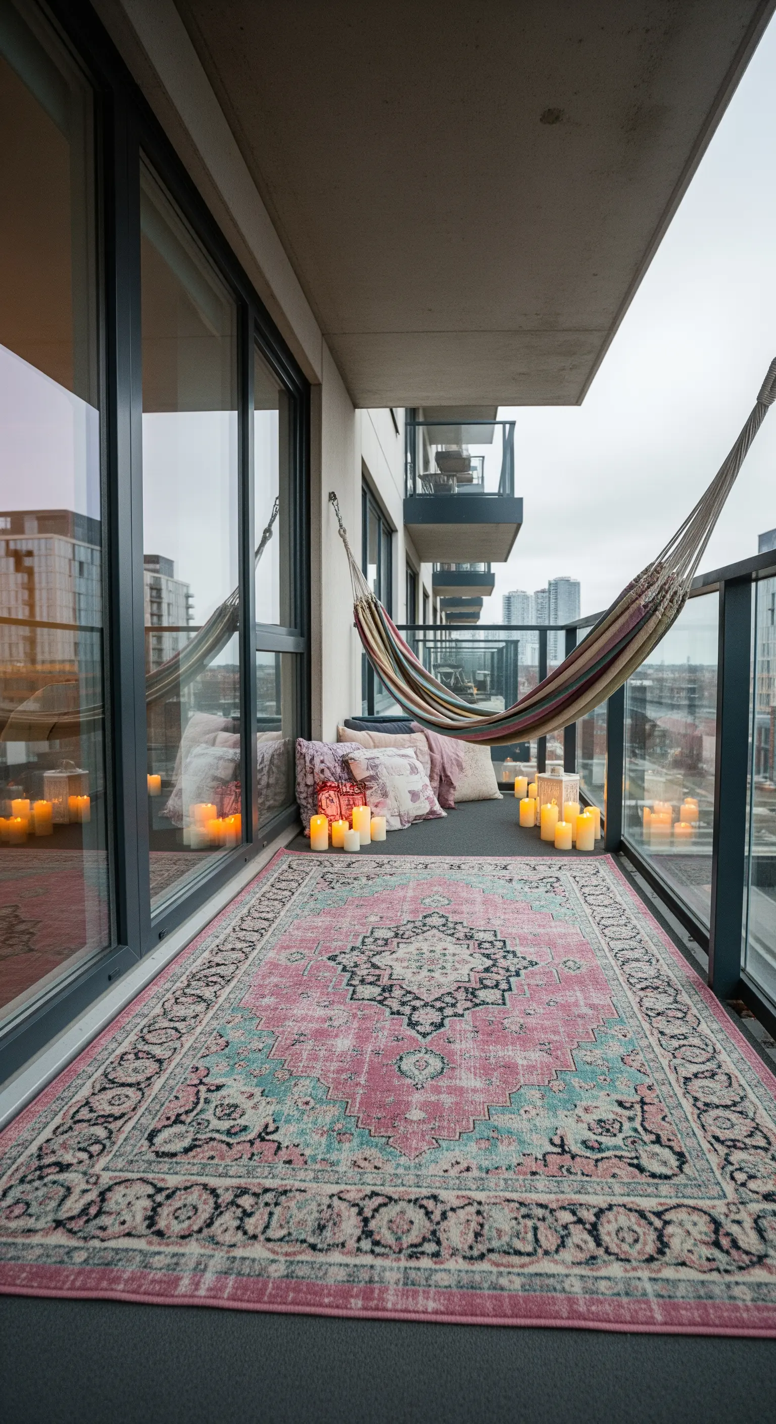 Balcone stretto con amaca, tappeto a passatoia e una fila di candele.
