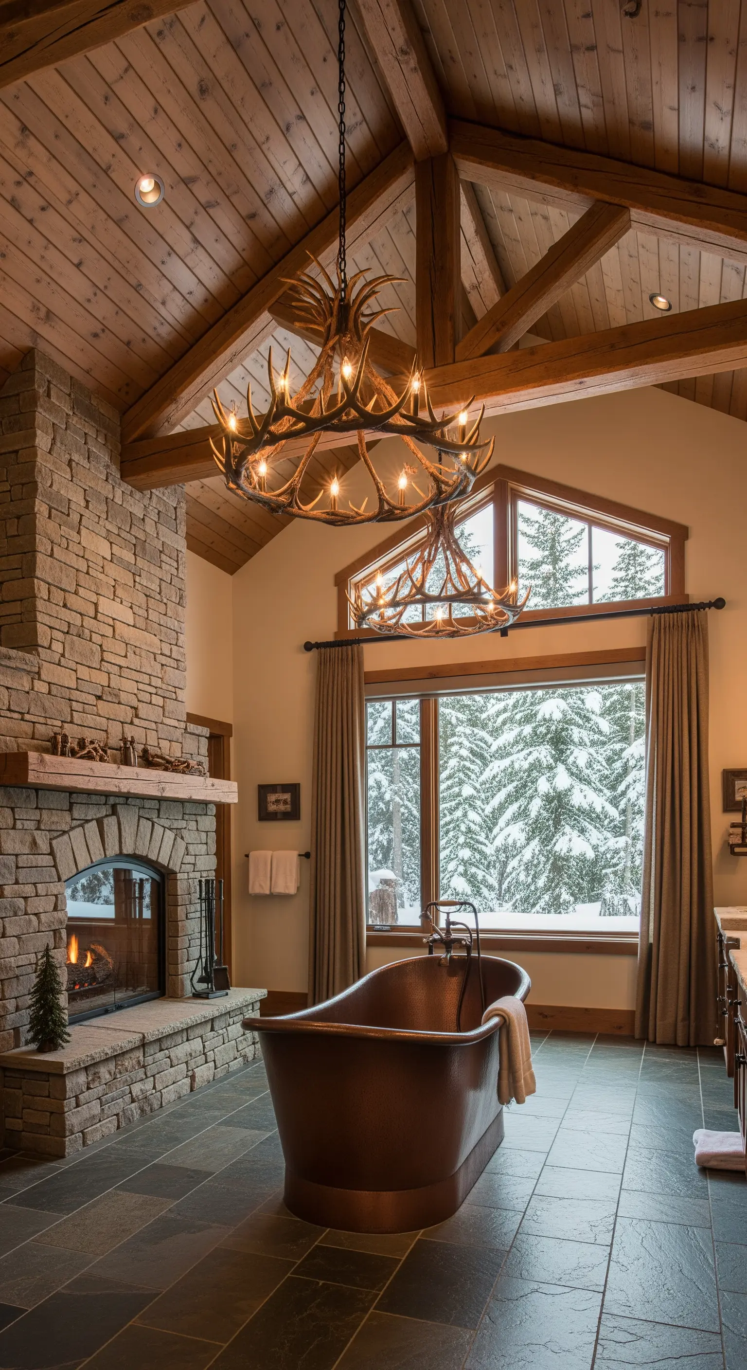 Bagno in stile chalet con camino in pietra, vasca in rame e due lampadari di corna.