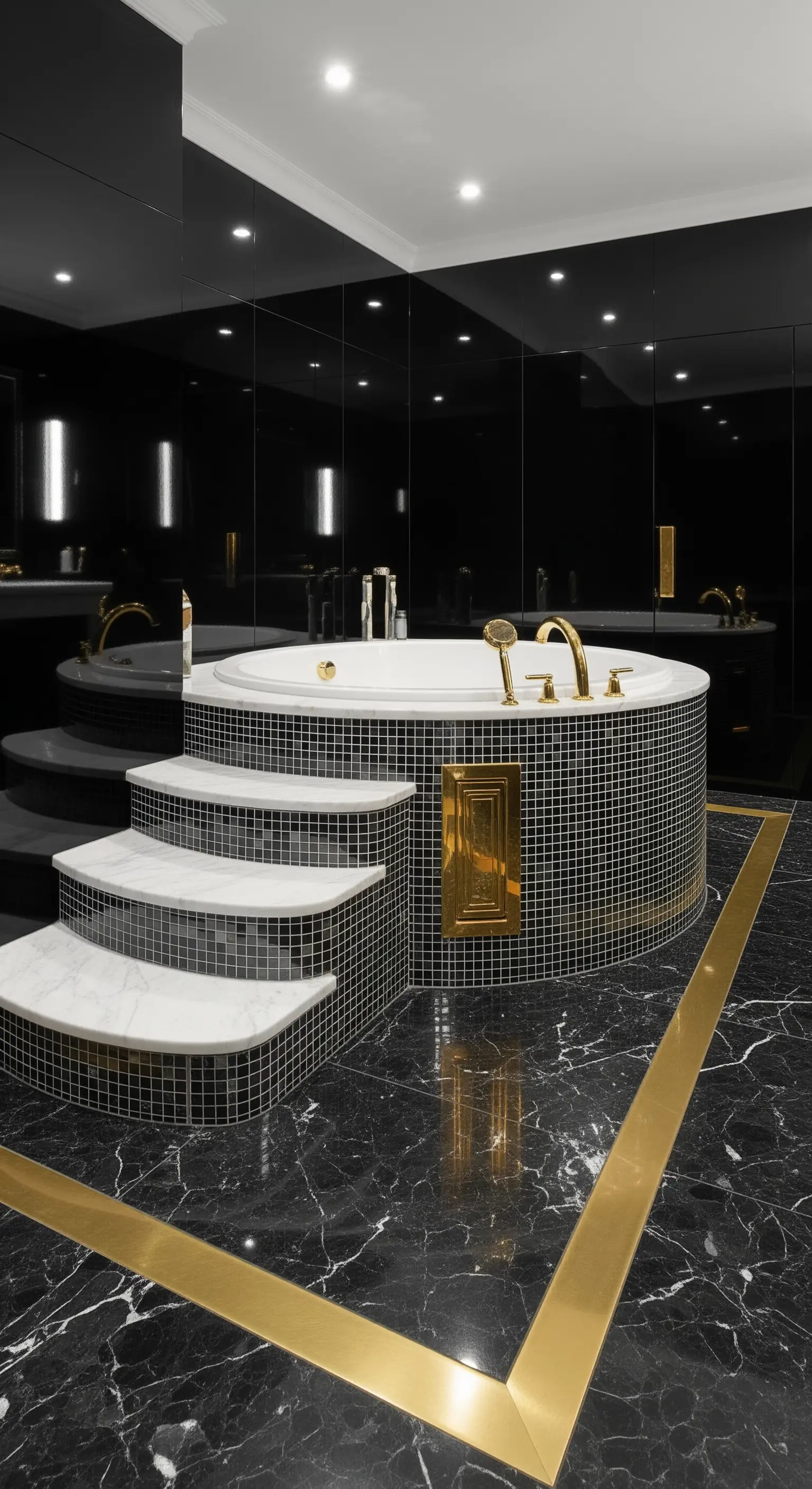 Bagno di lusso in stile anni '80 con marmo nero, mosaico, specchi scuri e ampi dettagli in ottone.