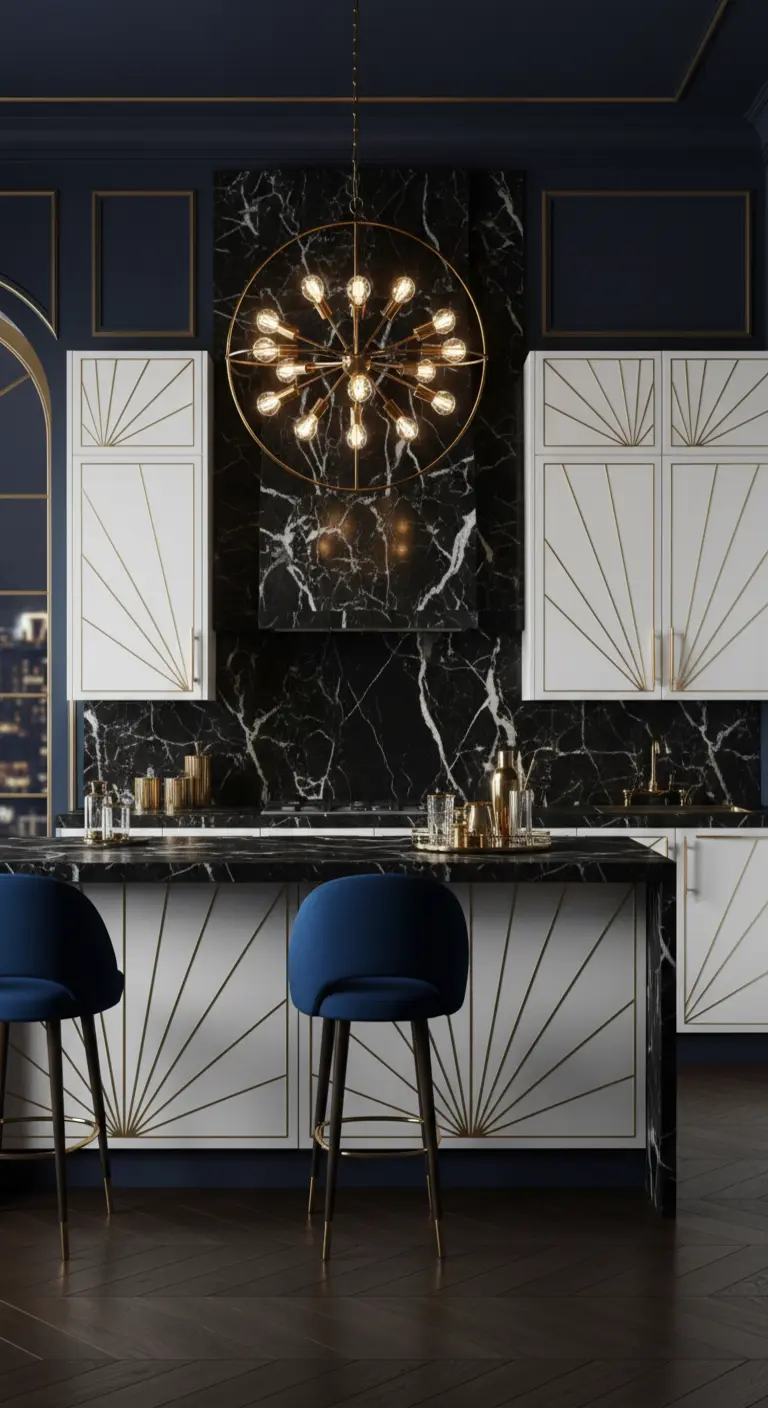 Cucina Art Déco con pareti blu, marmo nero e mobili bianchi con dettagli grafici dorati.