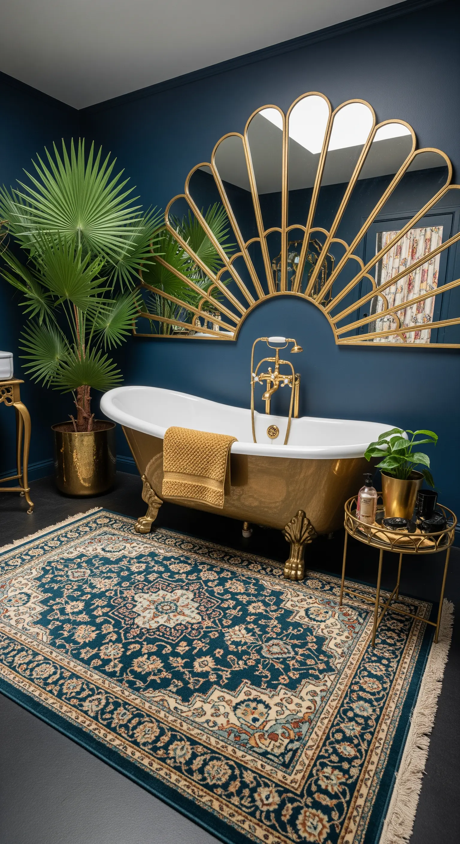 Bagno blu notte con vasca dorata, specchio a ventaglio e tappeto persiano.