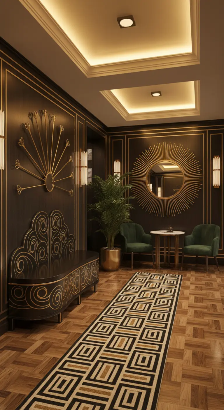 Ingresso in stile Art Déco con boiserie scura, panca e specchio con dettagli dorati.
