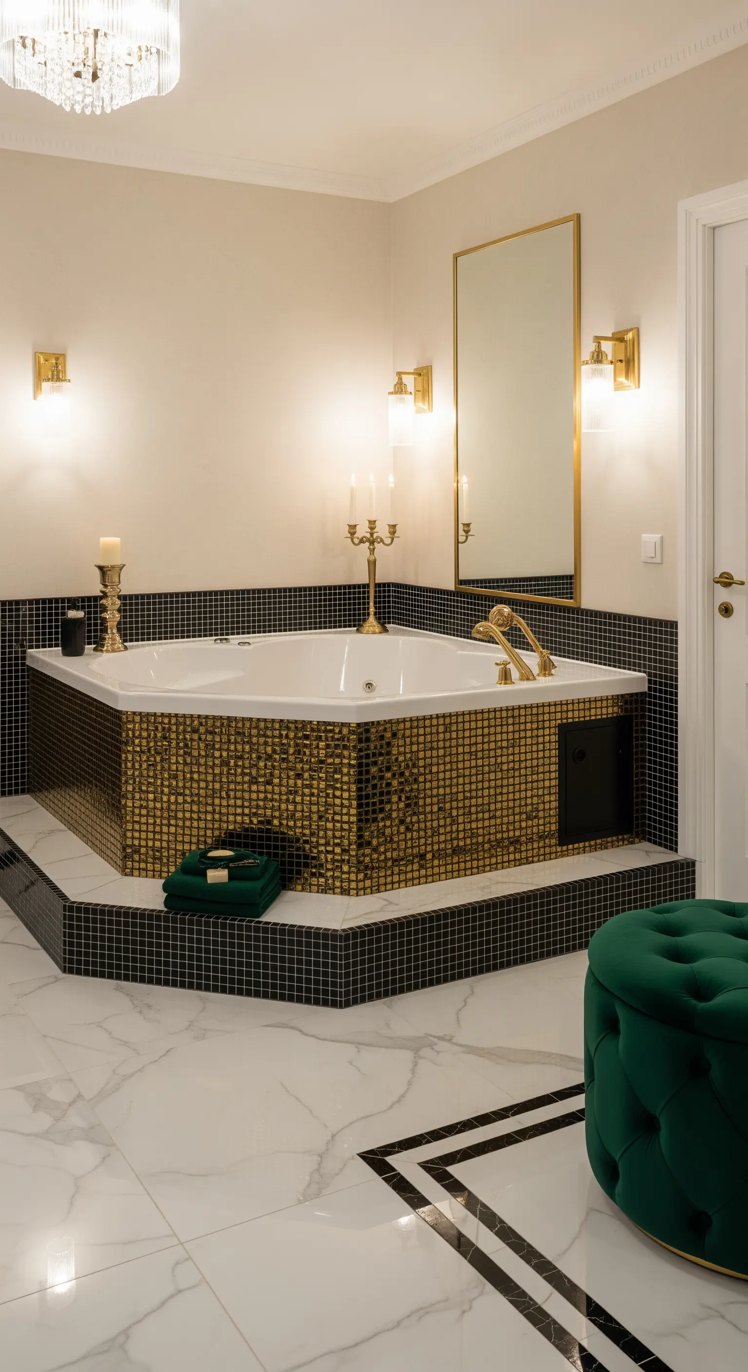 Vasca angolare con mosaico dorato, pavimento in marmo e pouf in velluto verde.