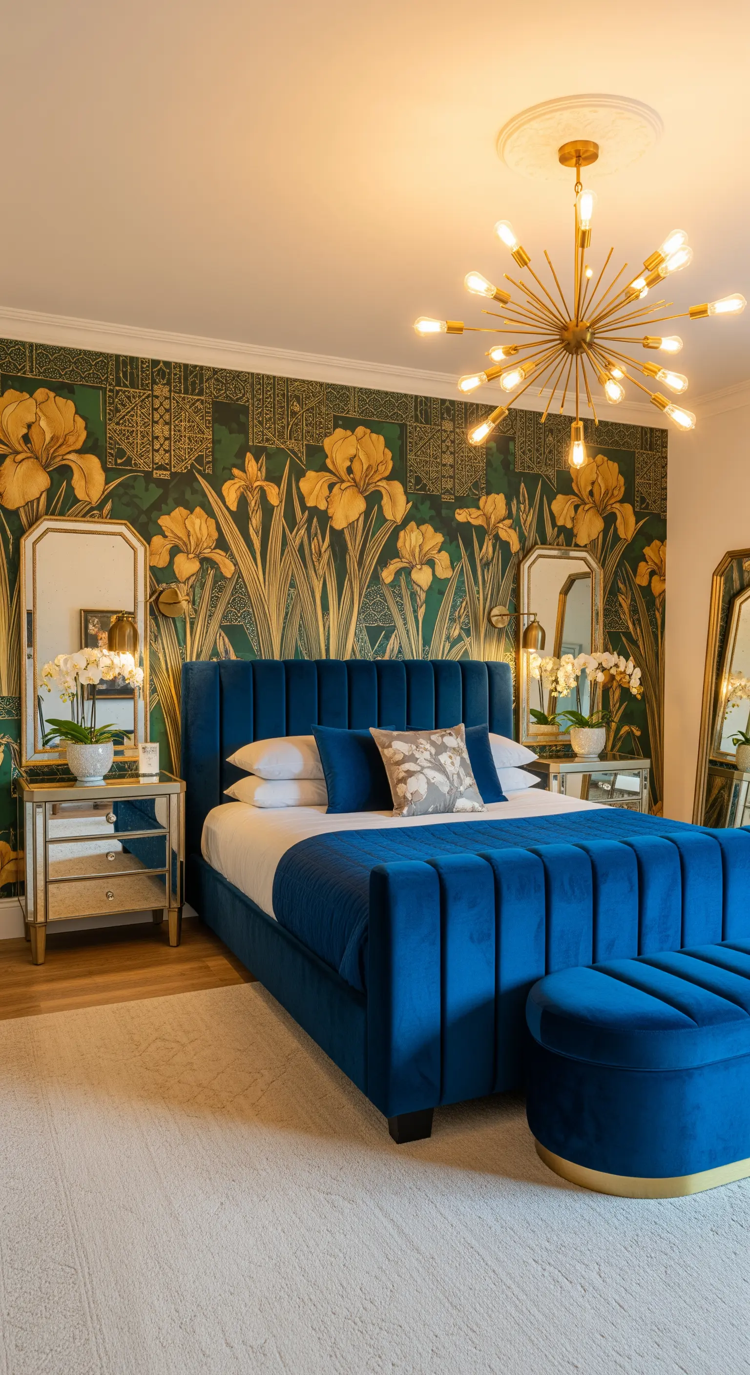 Letto in velluto blu davanti a una parete con carta da parati verde e oro a tema iris.
