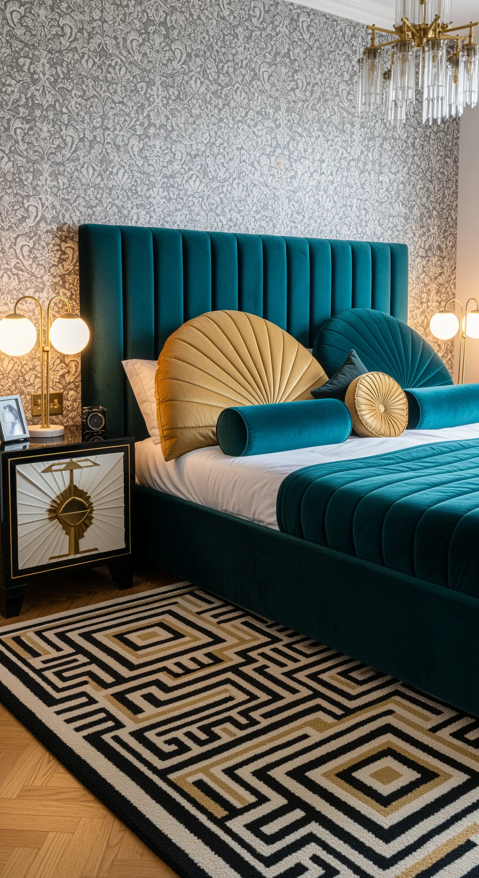 Camera da letto Art Déco con letto in velluto blu petrolio e tappeto a motivi geometrici.