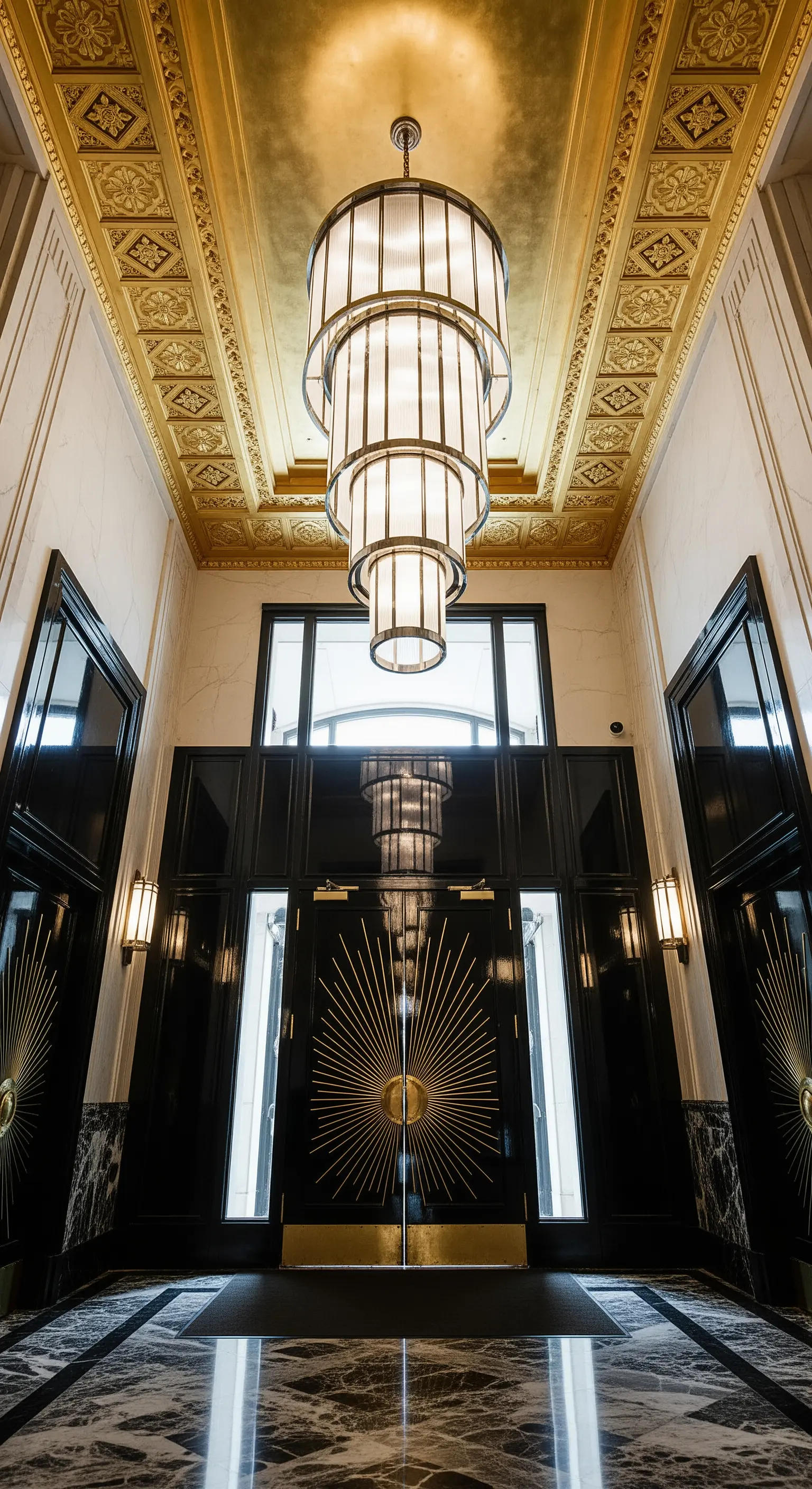 Ingresso in stile Art Déco con soffitto dorato, lampadario a cilindri e porte nere con dettagli a raggiera.