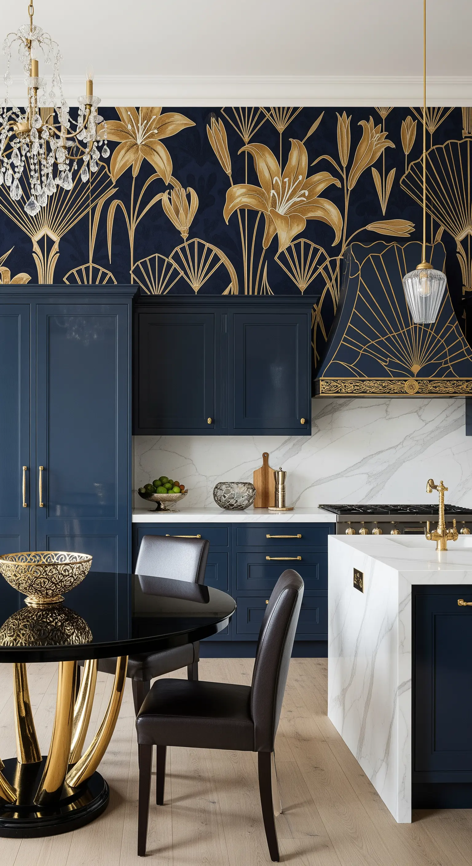 Cucina blu navy con carta da parati a gigli dorati e tavolo con base in oro.