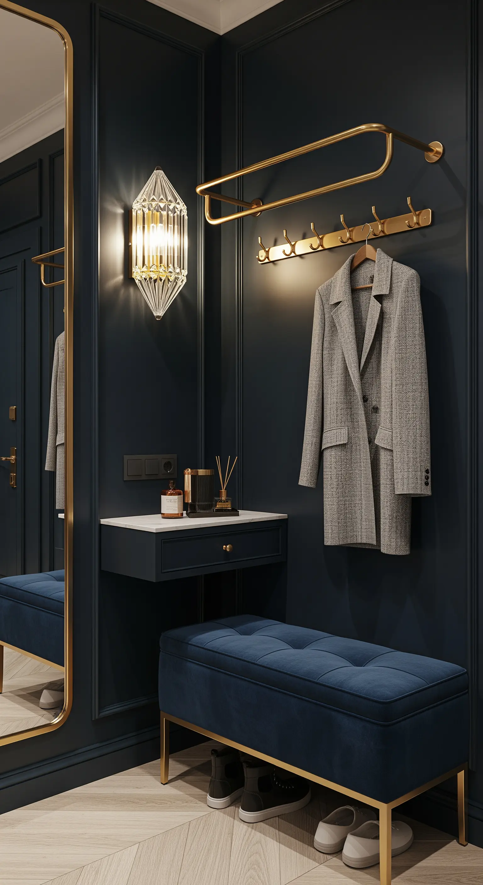 Ingresso elegante con pareti blu notte, panca in velluto e appendiabiti in ottone.