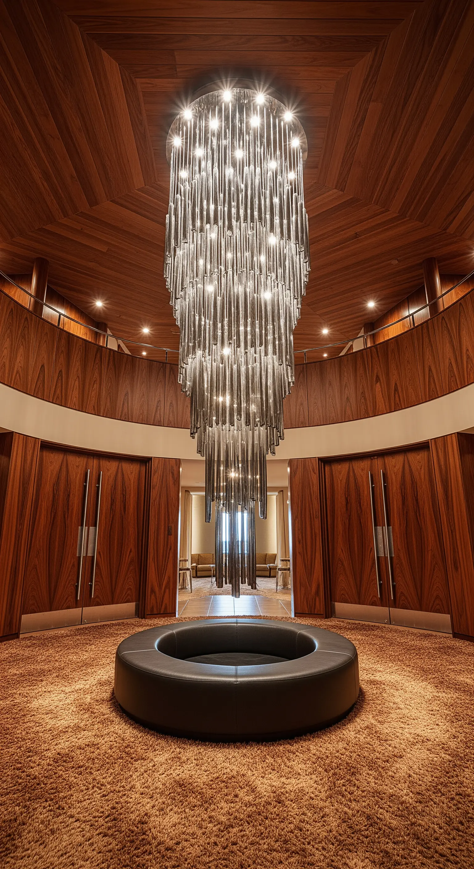 Ingresso circolare con pareti in legno, moquette e un enorme lampadario a cascata di tubi di vetro.