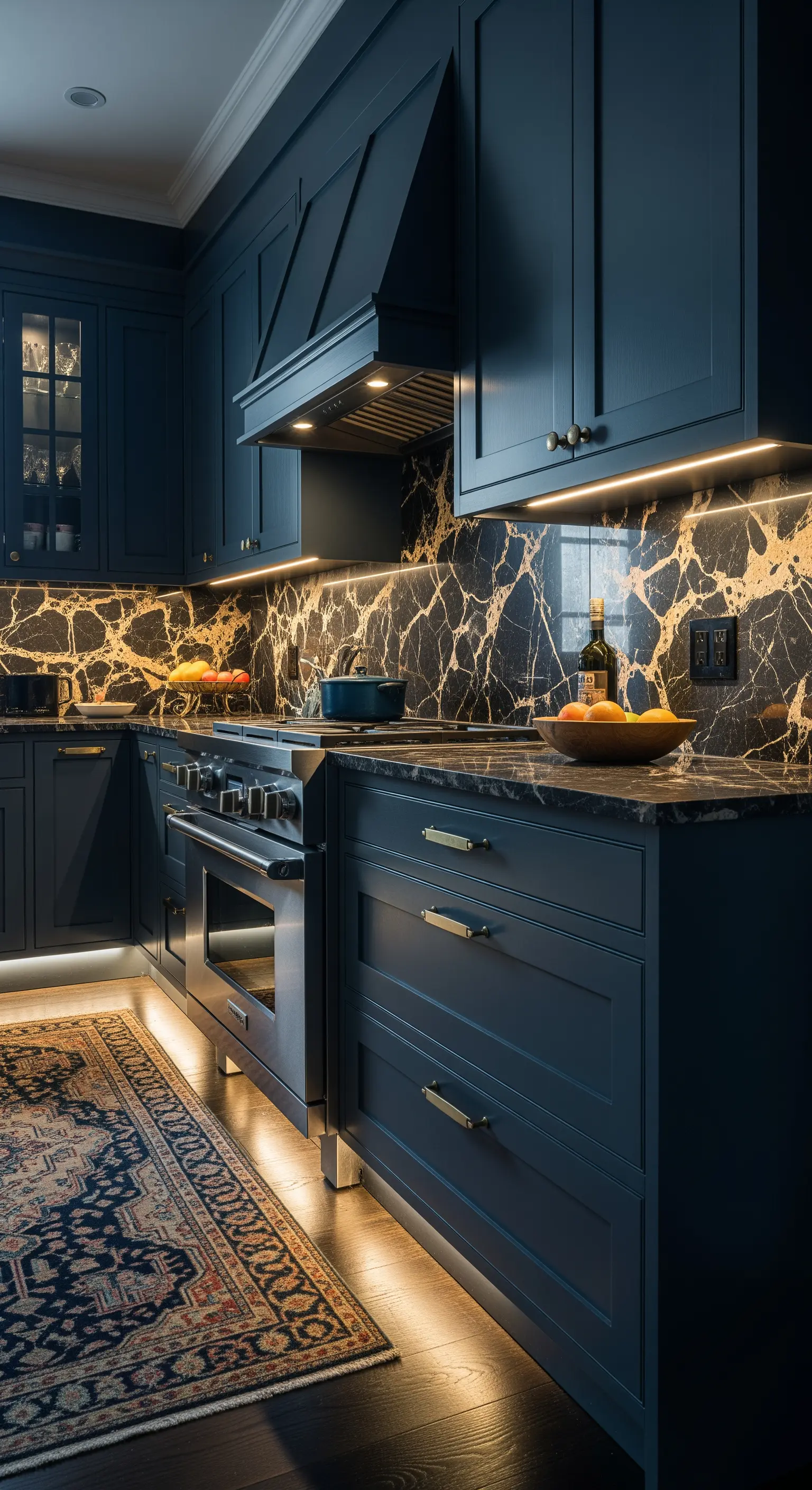 Cucina blu scuro con top e paraschizzi in marmo nero venato oro e un tappeto persiano sul pavimento.