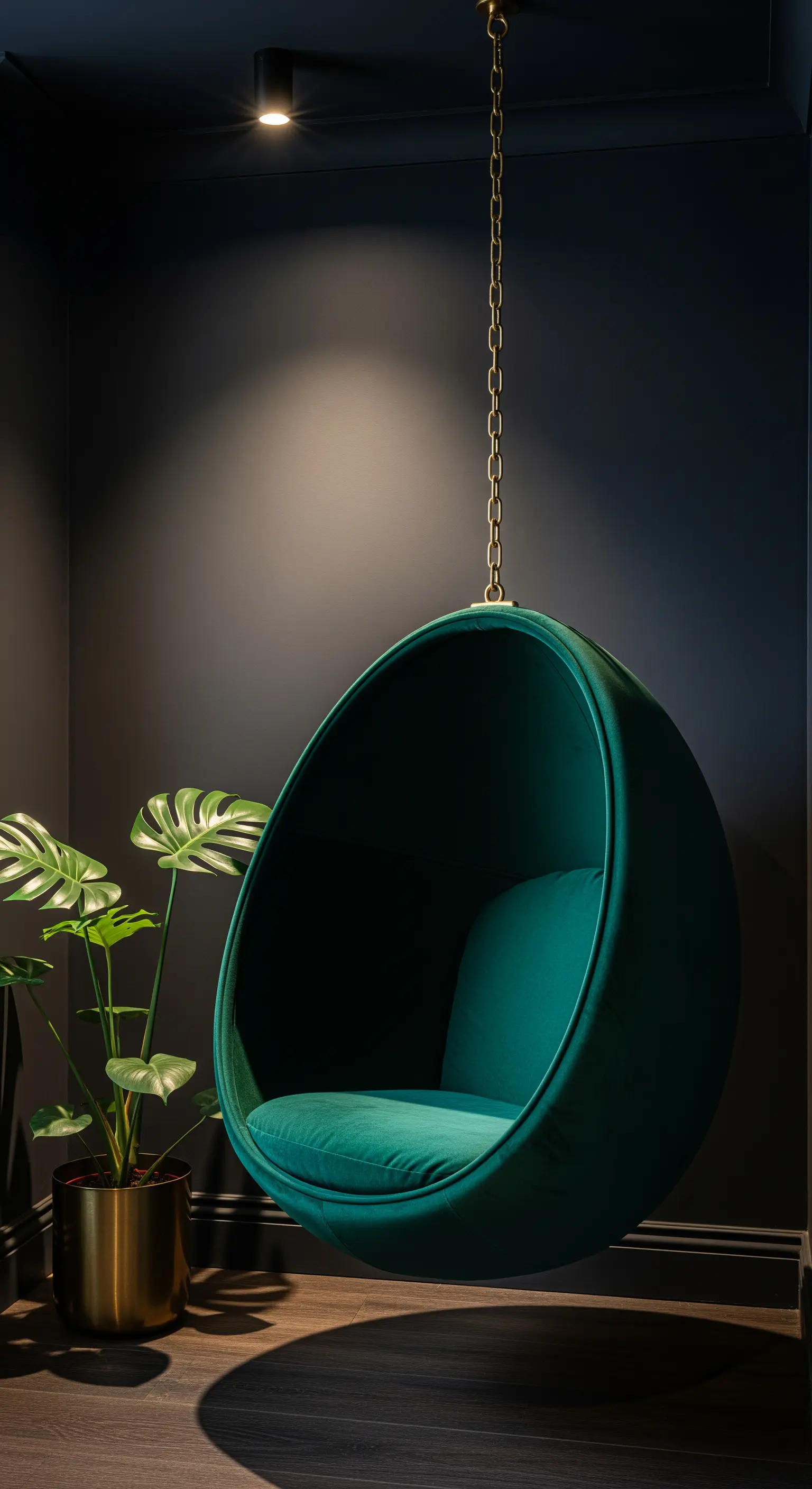 Poltrona sospesa a uovo in velluto verde smeraldo contro una parete scura.