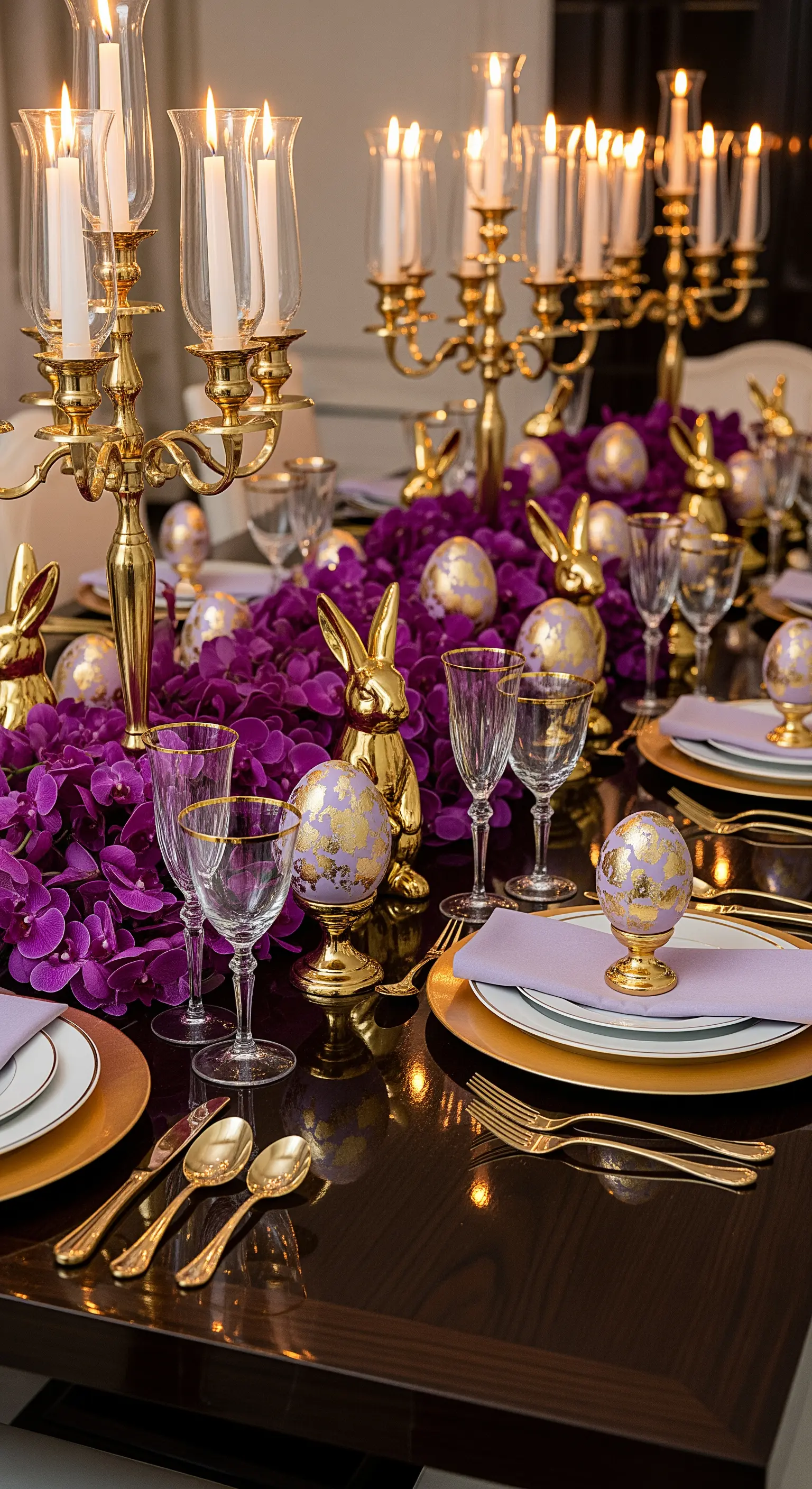 Tavola pasquale viola e oro con candelabri, orchidee e uova decorate con foglia d'oro