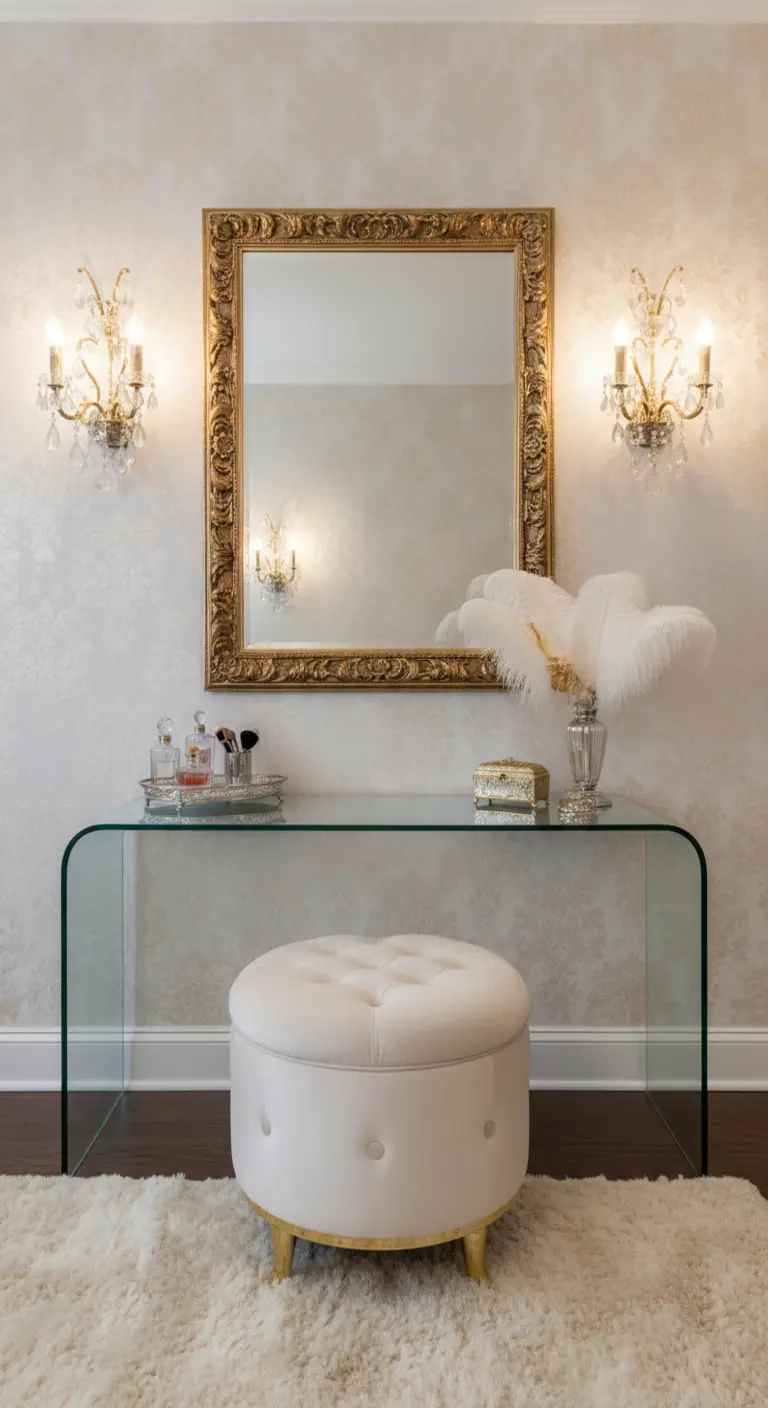 Consolle in vetro con specchio dorato rettangolare e due applique di cristallo laterali.