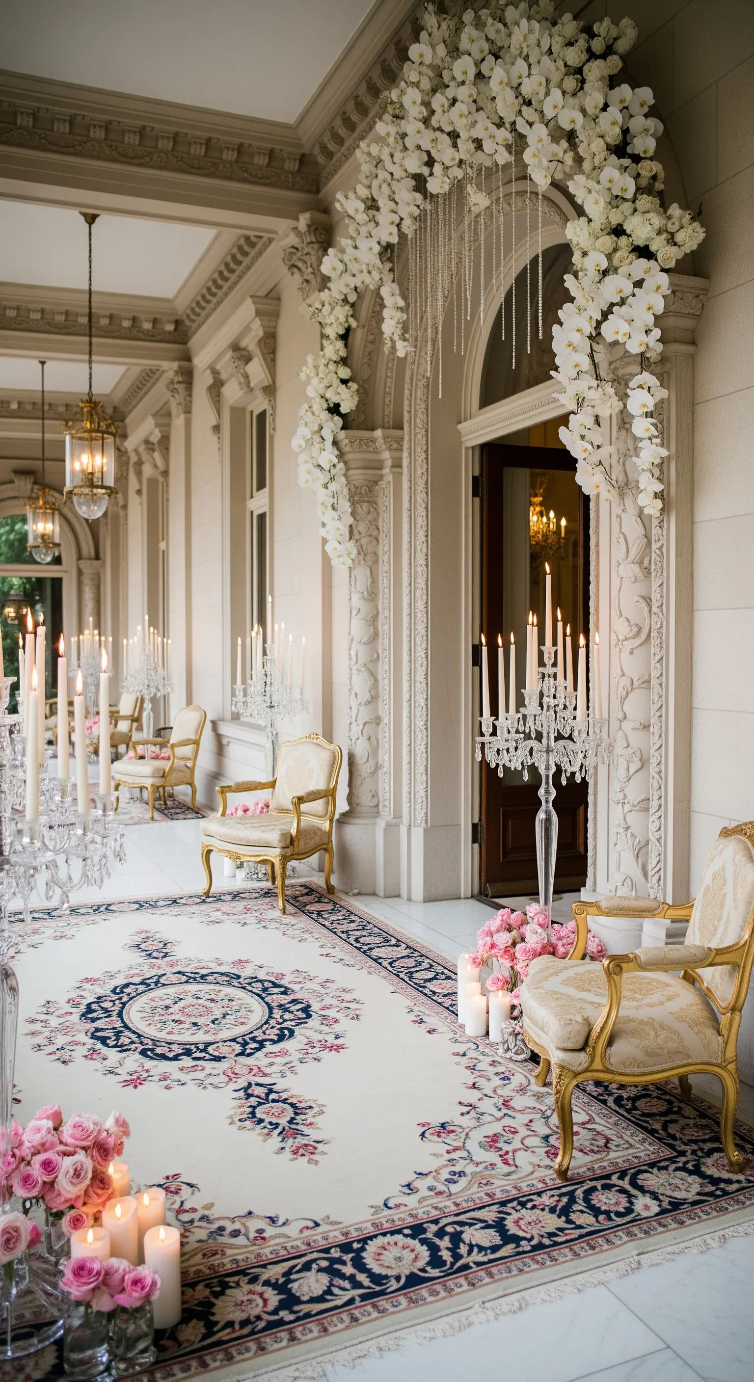 Portico elegante con sedie dorate, candelabri in cristallo e un arco di orchidee bianche.