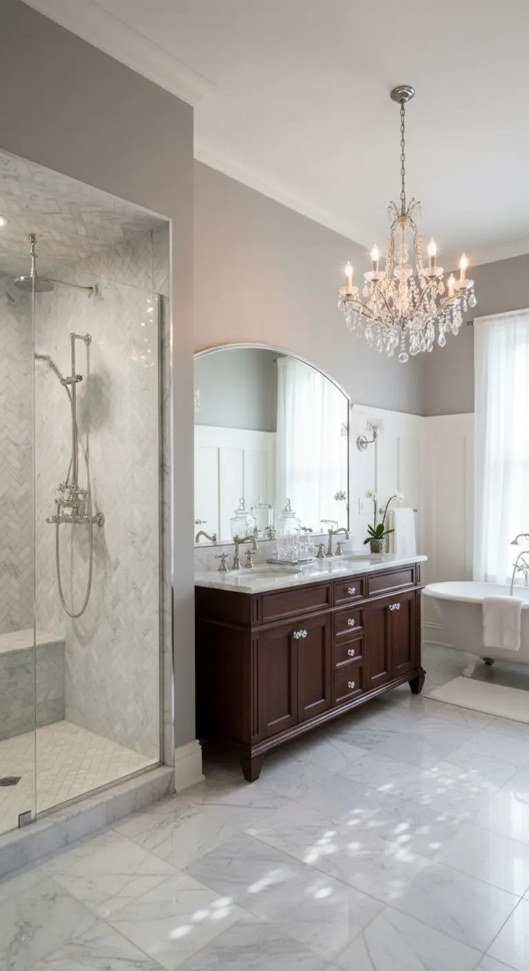 Bagno classico ed elegante con pavimento in marmo, lampadario di cristallo e mobile in legno scuro.