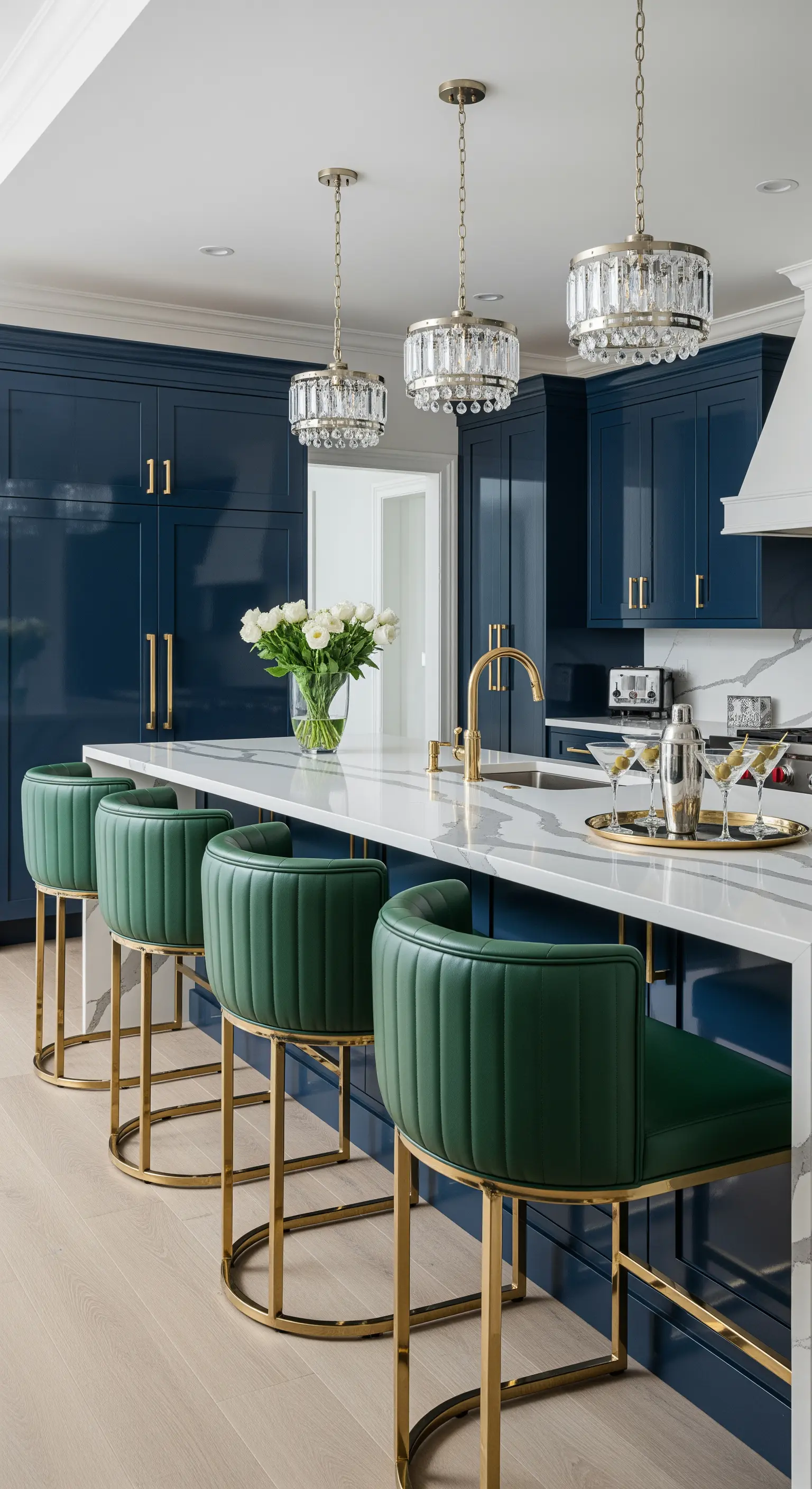 Cucina blu navy con bancone in marmo, sgabelli in pelle verde e dettagli dorati.