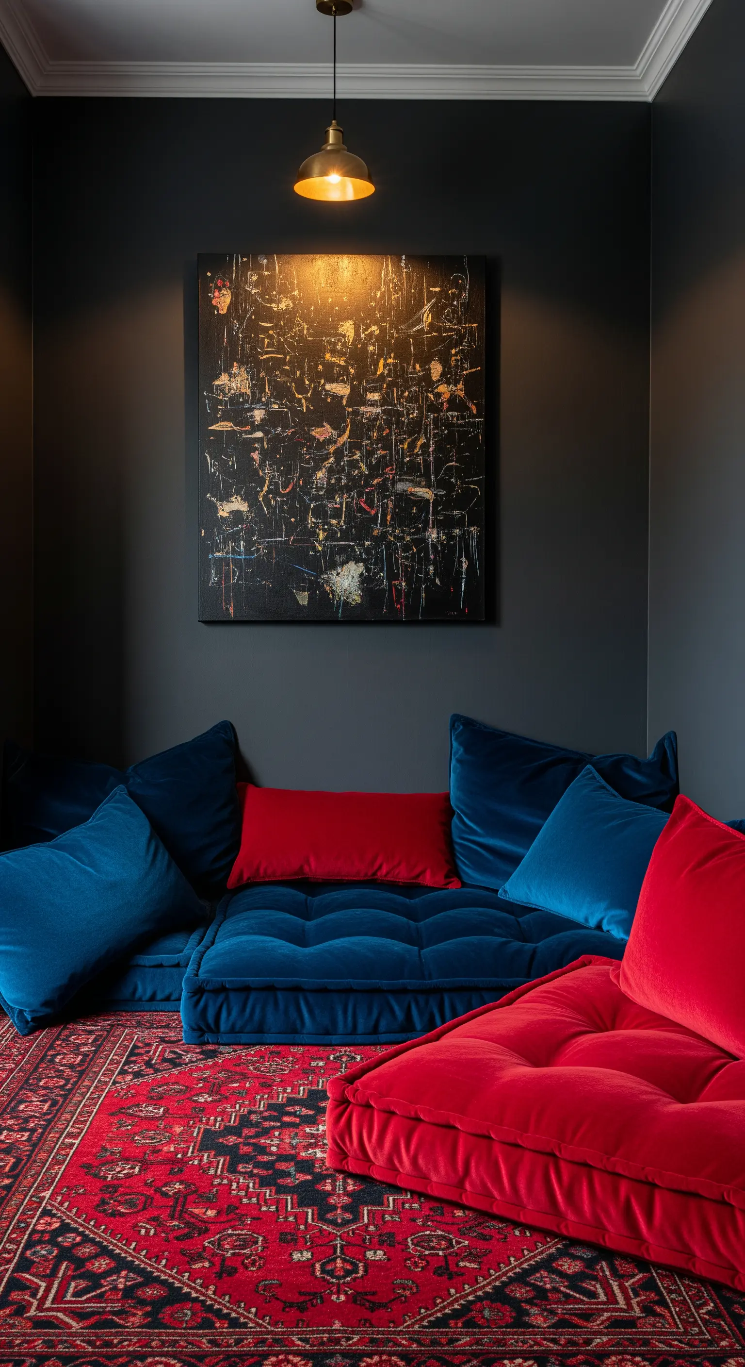 Salotto con pareti scure, cuscini da pavimento in velluto blu e rosso e un tappeto persiano rosso.