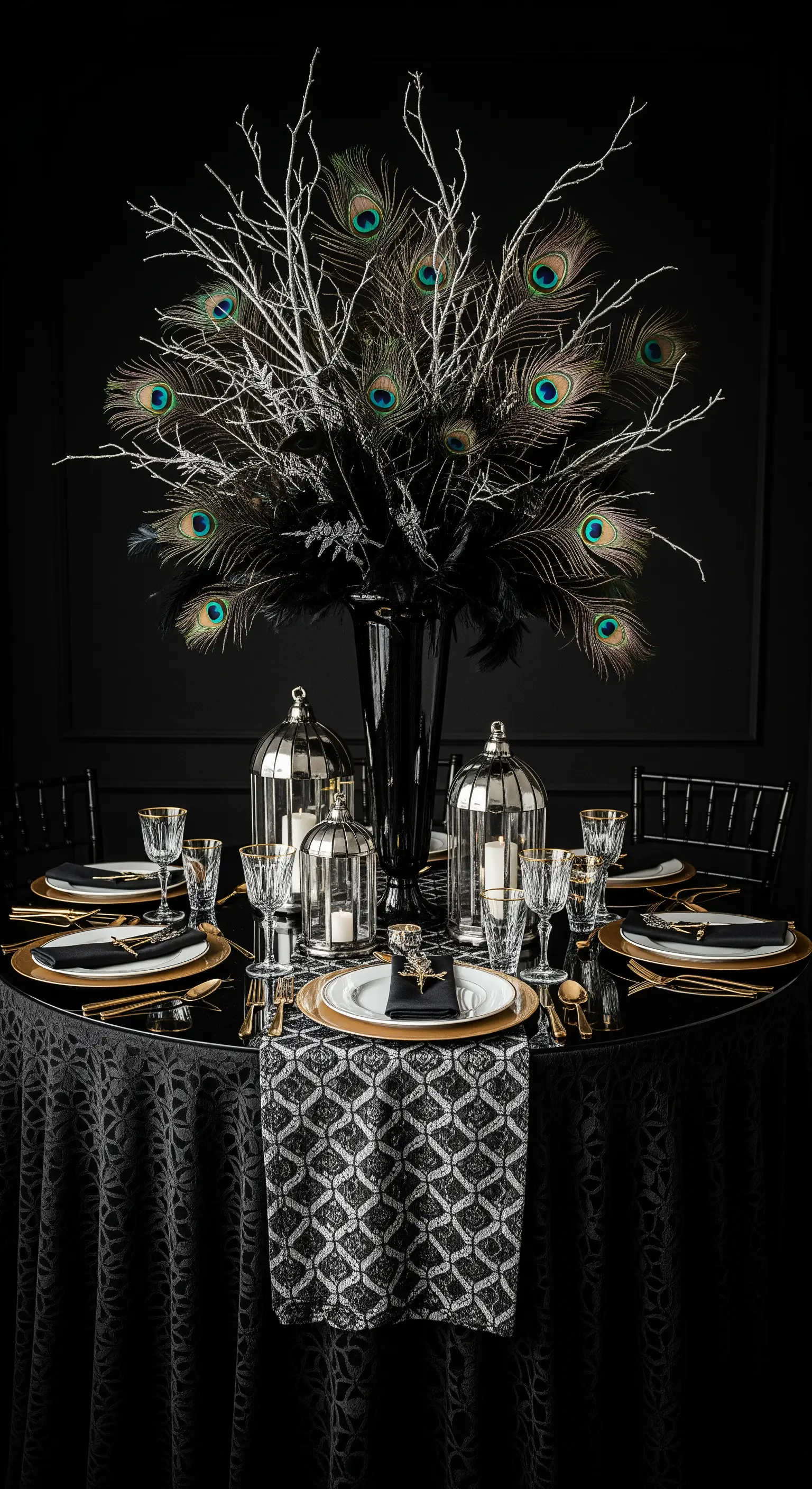 Tavola di Halloween nera e oro con piume di pavone e lanterne.