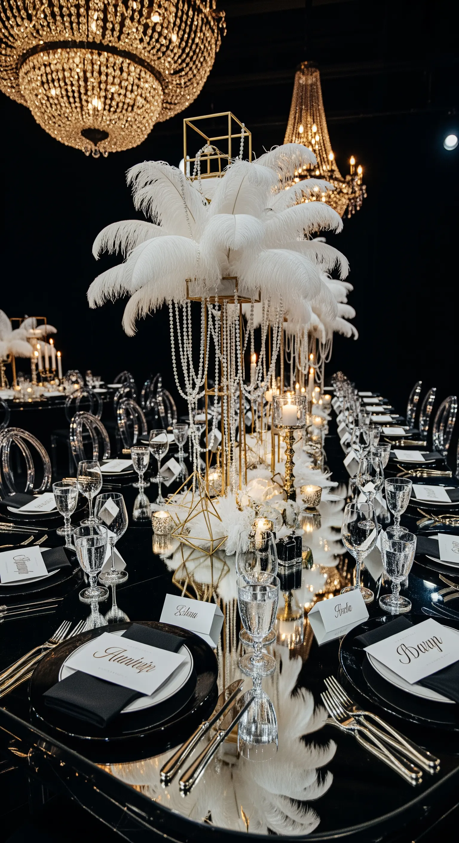 Tavola lussuosa in bianco e nero con piume bianche, perle e lampadari di cristallo.