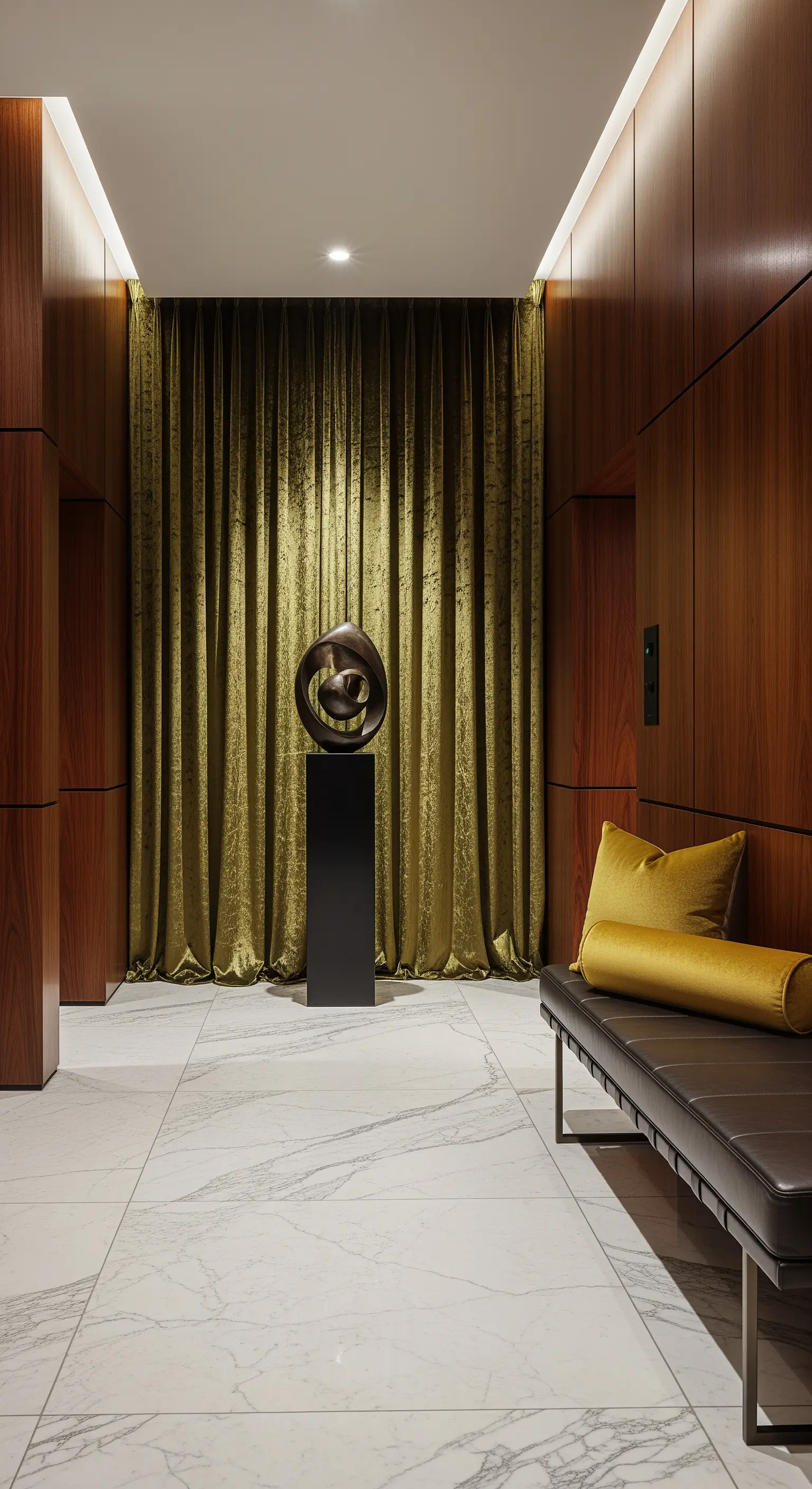 Ingresso elegante con pannelli in legno, tenda in velluto verde e panca con cuscino senape.