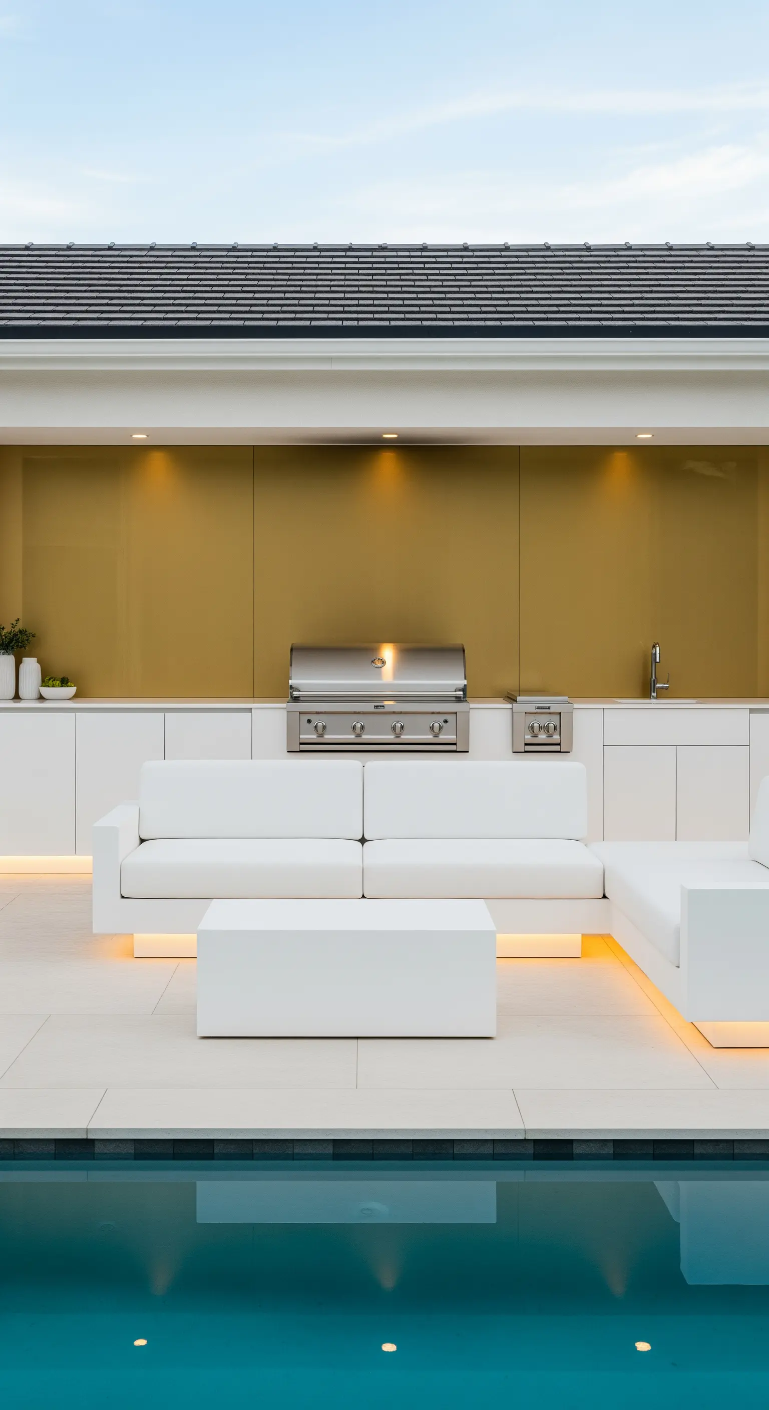 Cucina esterna bianca e minimalista con paraschizzi color oro e divano integrato con luci LED.