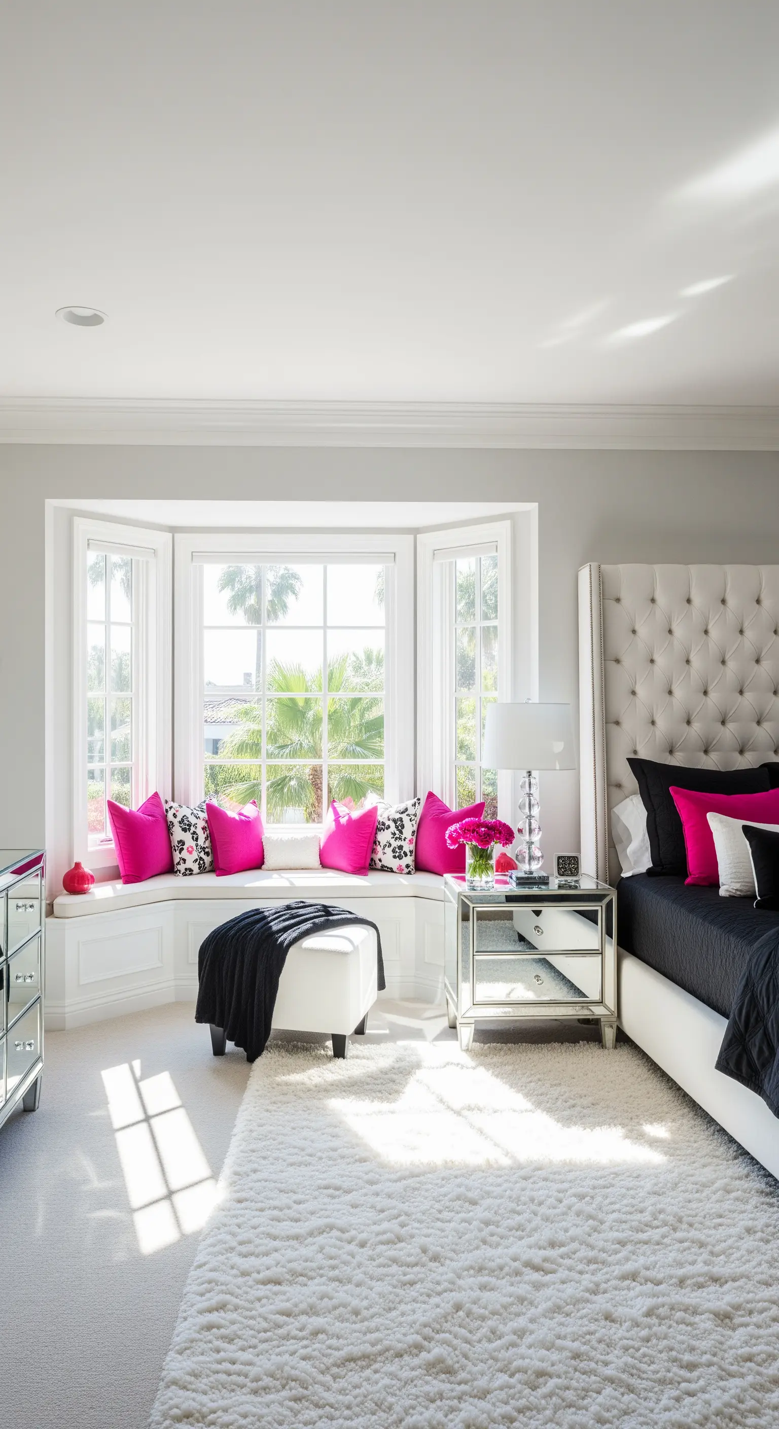 Camera da letto glamour con cuscini fucsia su una panca sotto una bow-window.