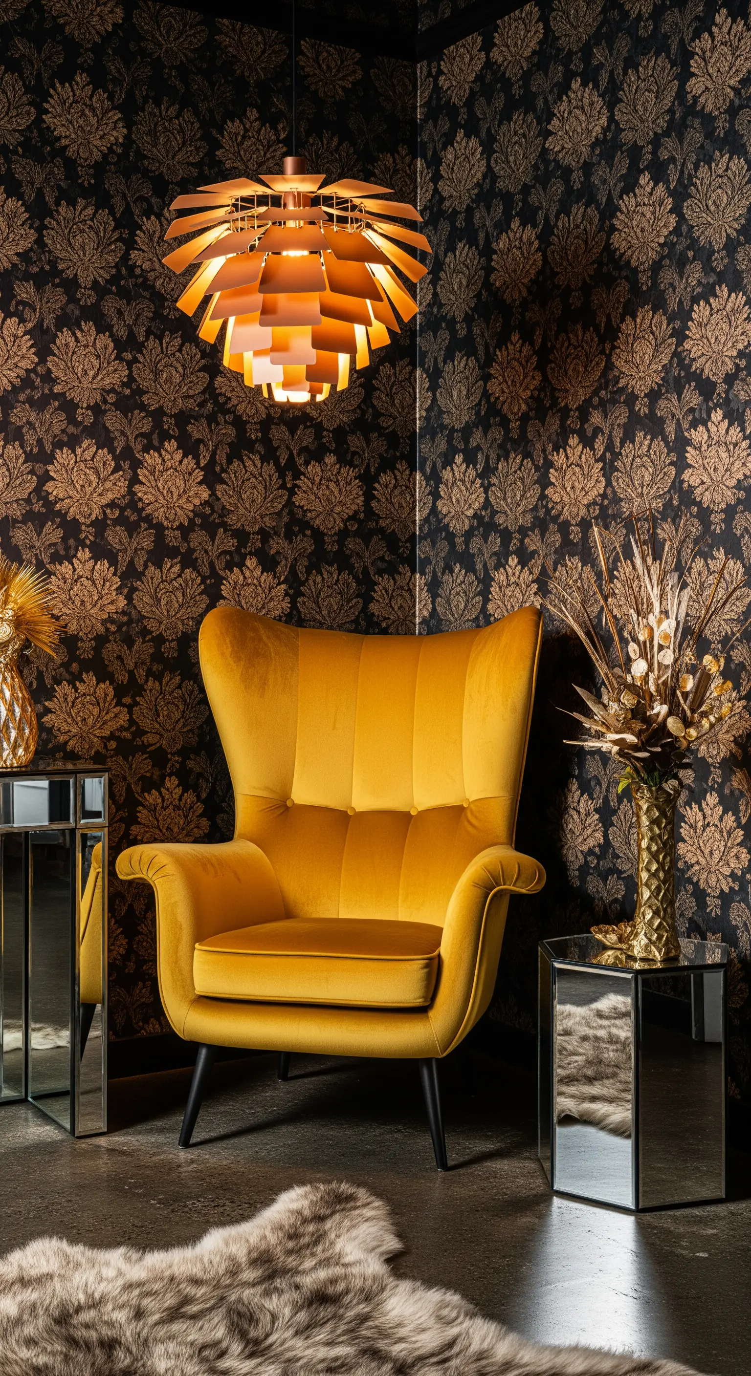 Poltrona a orecchioni in velluto senape, carta da parati damascata e tavolini a specchio.