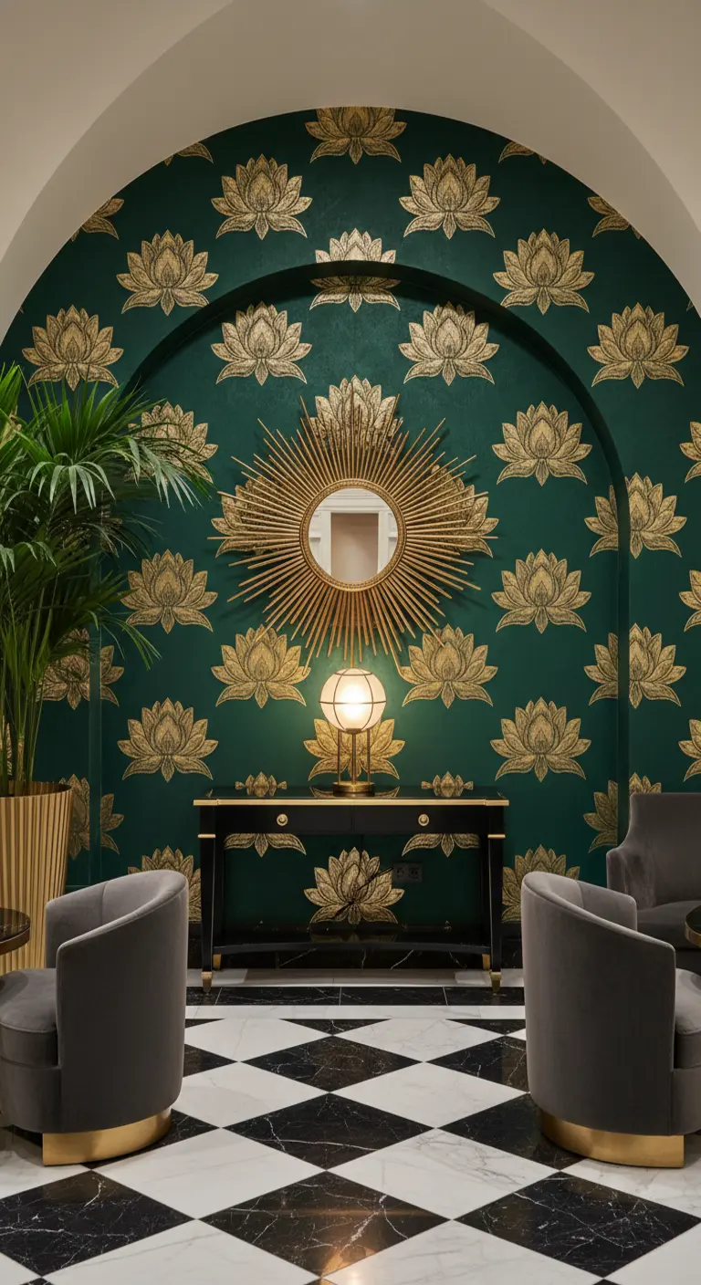 Nicchia d'ingresso con carta da parati verde e oro, specchio a raggiera e pavimento a scacchi.