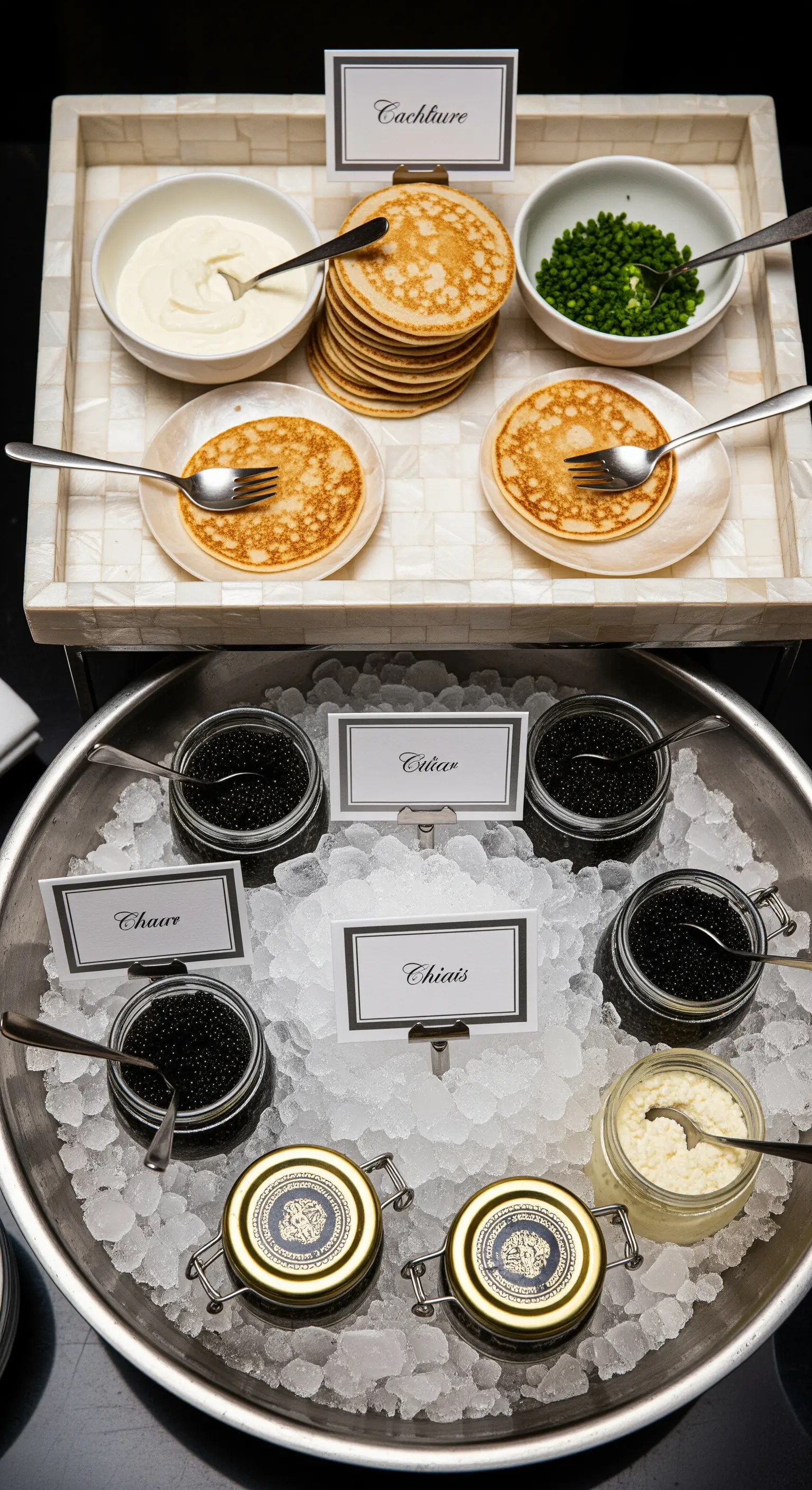 Stazione di caviale con vasetti su un letto di ghiaccio, blinis e condimenti su un vassoio elegante.