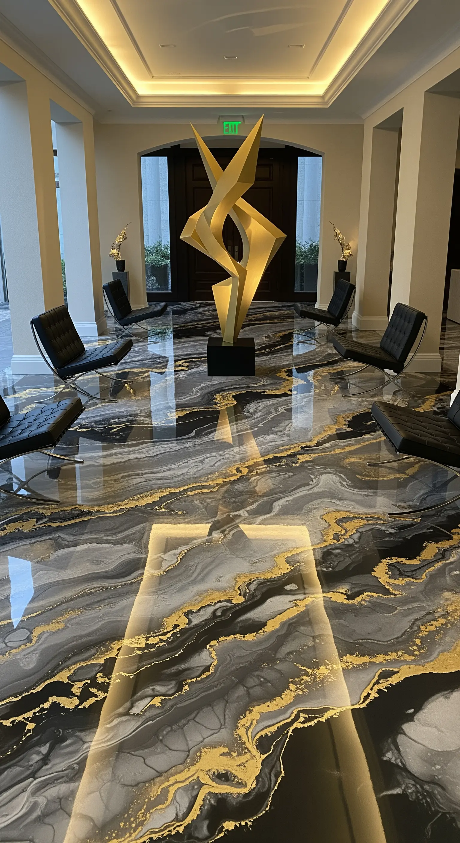 Atrio di lusso con pavimento in resina effetto marmo nero e oro e scultura dorata.