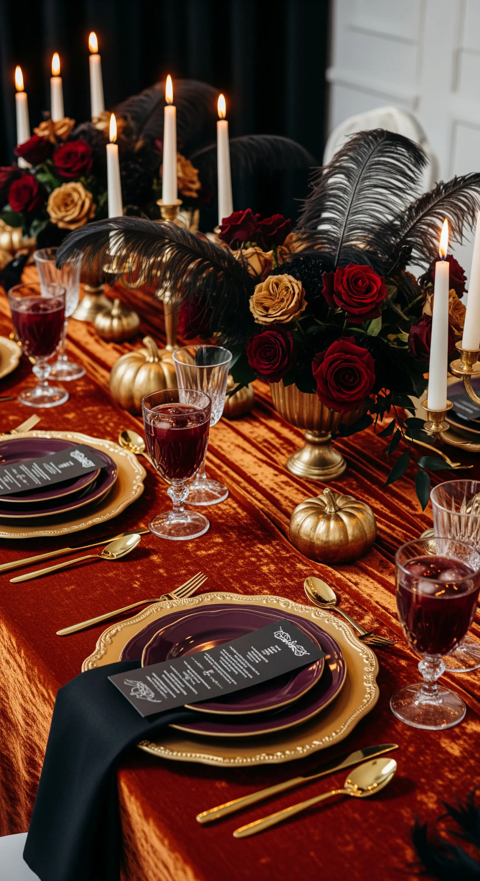 Tavola di Halloween elegante con velluto arancione, piatti viola, posate dorate e piume nere.