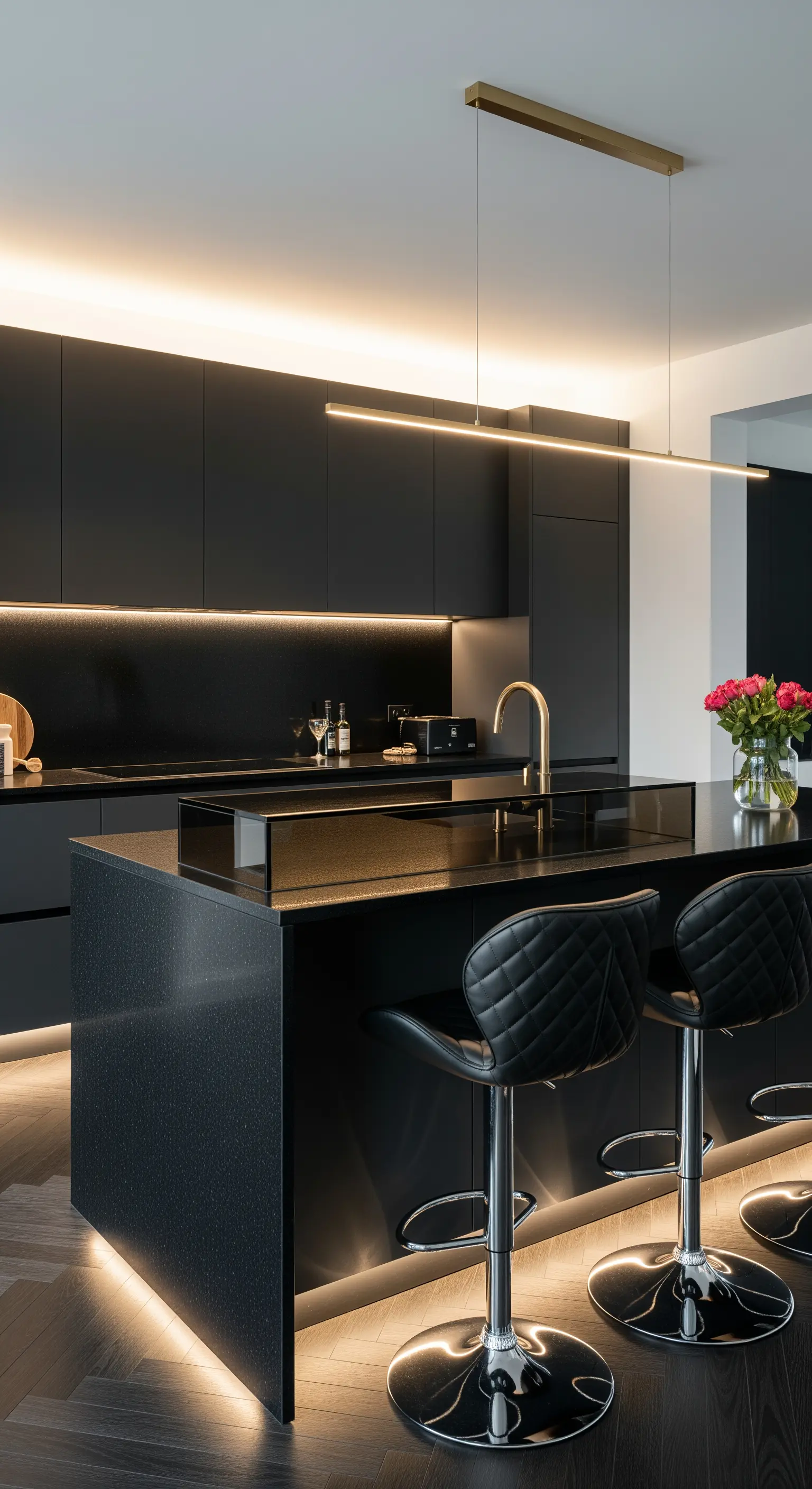 Cucina moderna total black con isola illuminata da strisce LED e sgabelli in pelle nera.
