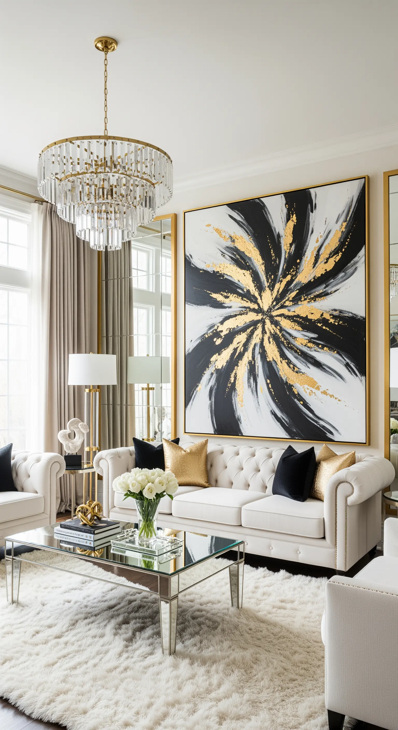 Salotto glamour con divano bianco, quadro astratto nero e oro, e dettagli a specchio.
