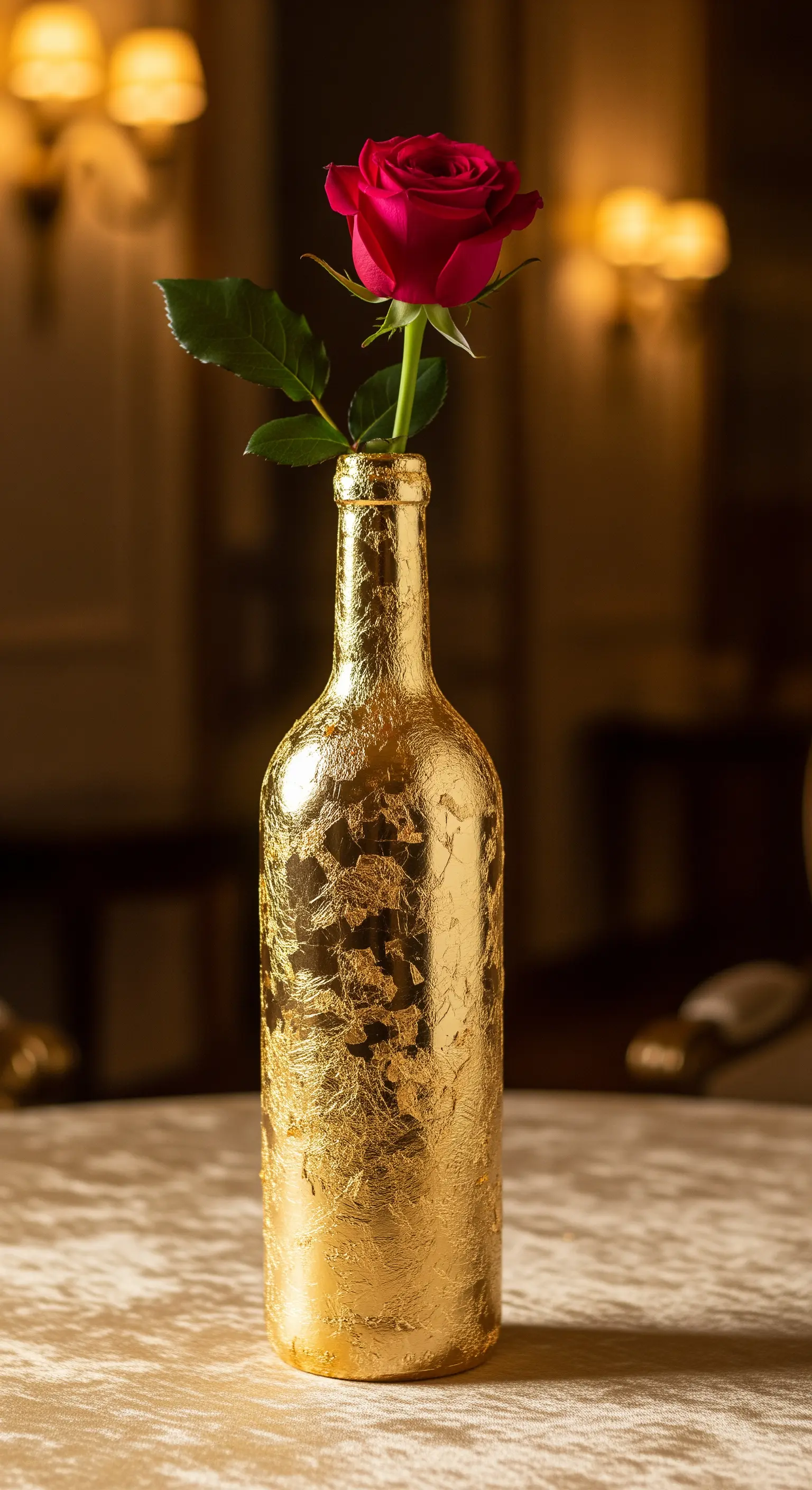 Bottiglia di vino interamente ricoperta con foglia d'oro per un effetto lussuoso.