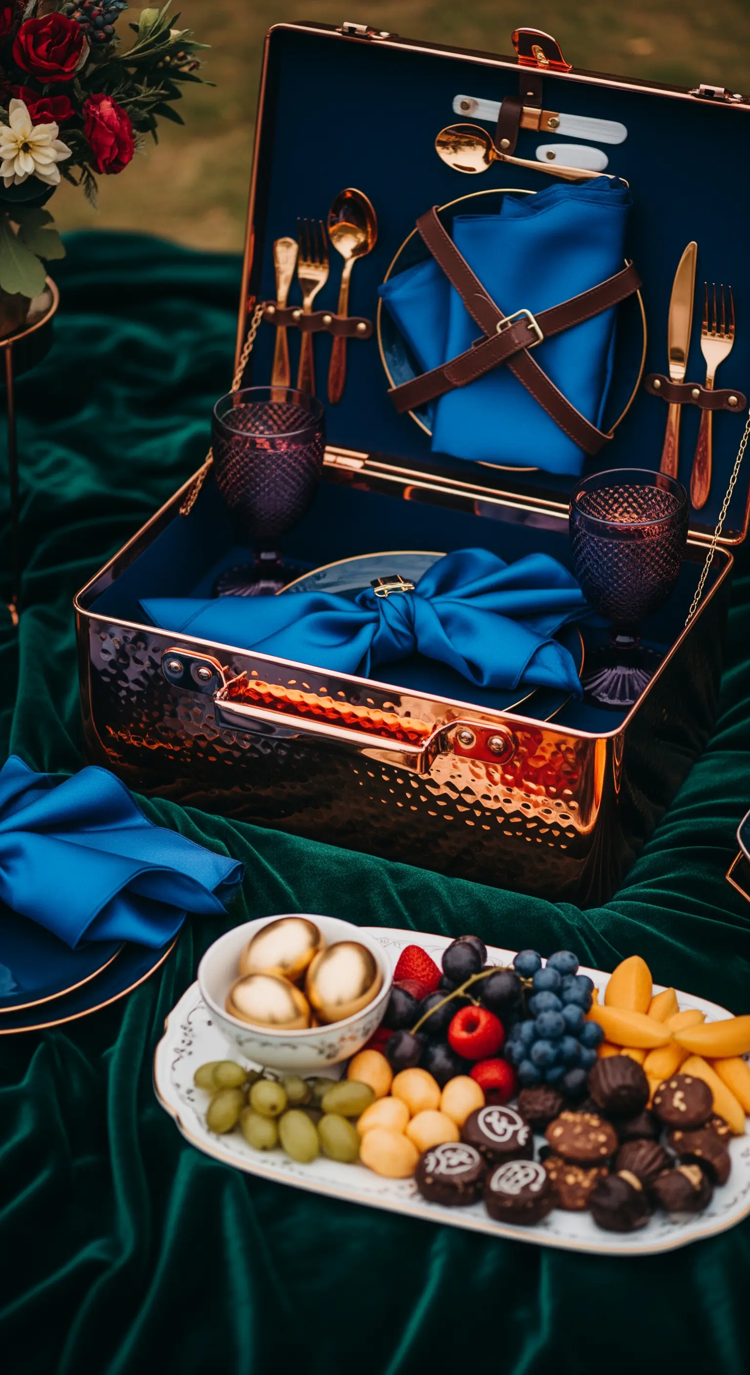 Allestimento picnic di lusso con velluto verde, valigetta in rame e tovaglioli blu acceso.