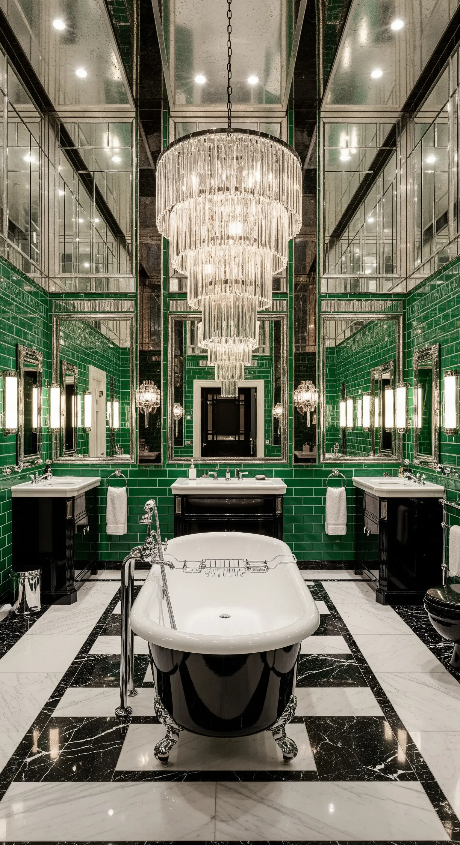 Bagno Art Déco con piastrelle verdi lucide, specchi e un imponente lampadario di cristallo.