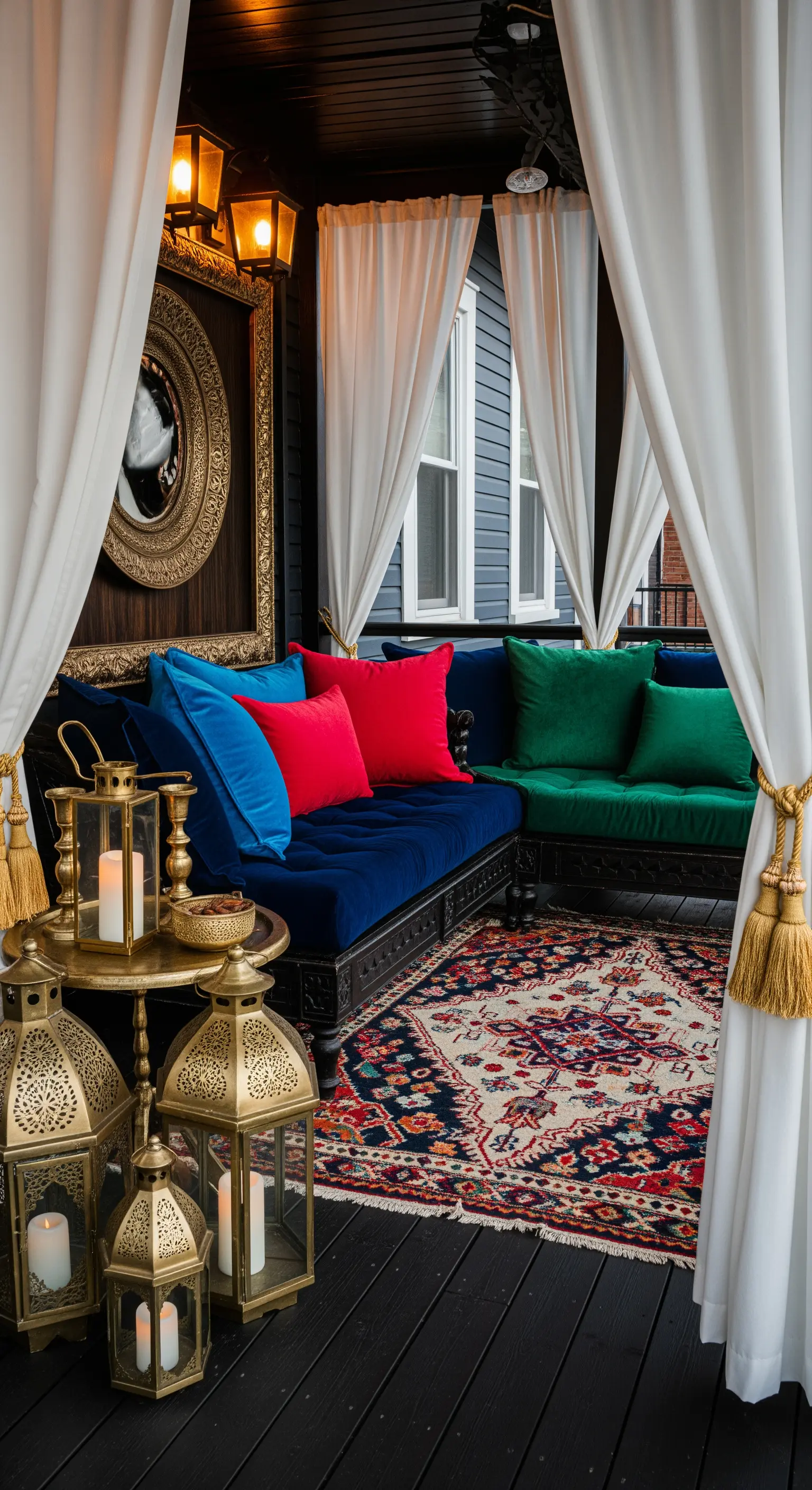 Veranda lussuosa con divano in velluto colorato, tappeto persiano e lanterne dorate.