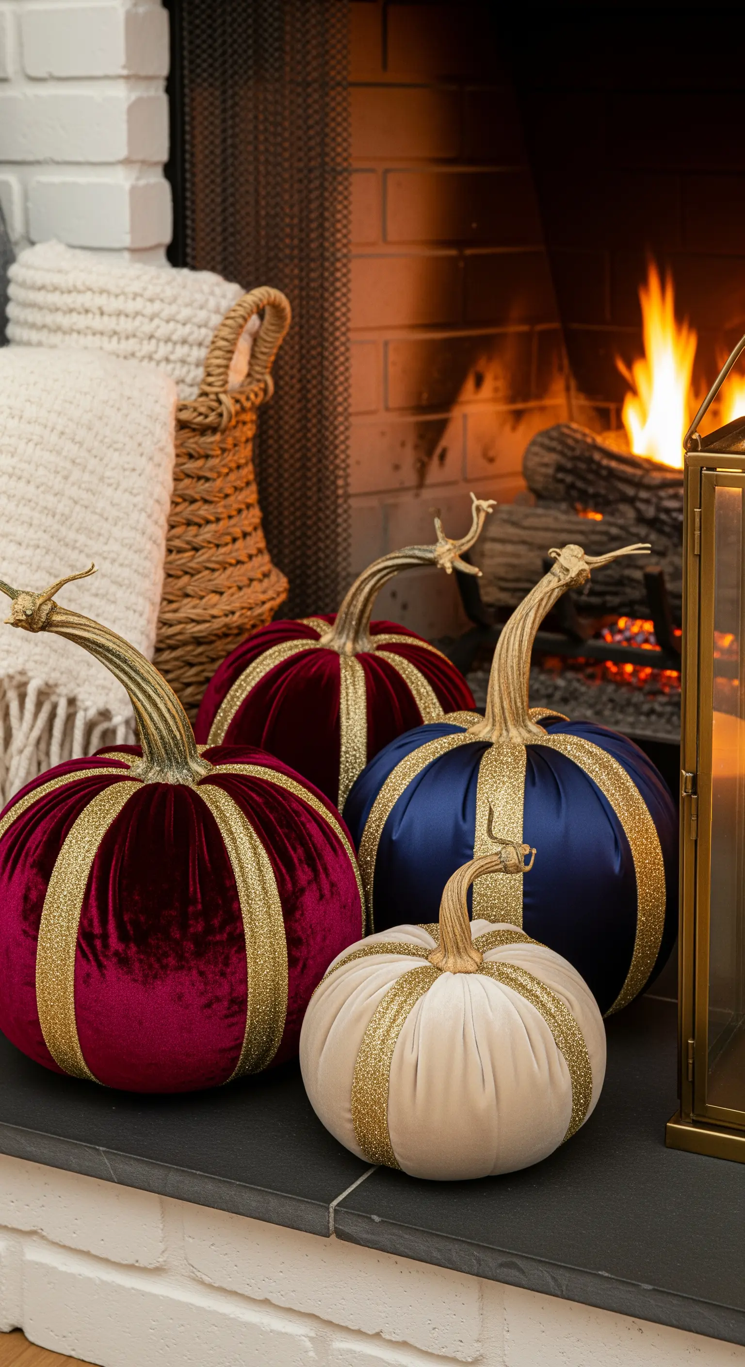 Zucche rivestite in velluto bordeaux, blu e crema con strisce glitterate dorate.